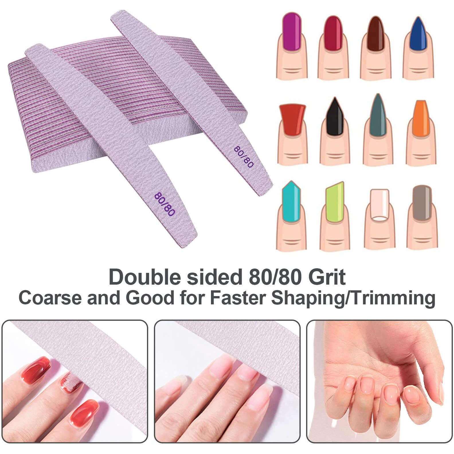 80/80 Grit Nail Files (25 Pack)  Emery Boards For Acrylic Nails And Gel Nails  Coarse Nail File Double Sided 80 Grits Emory Professional Nail Filers Reusable Washable Manicure Curved Gray Bulk