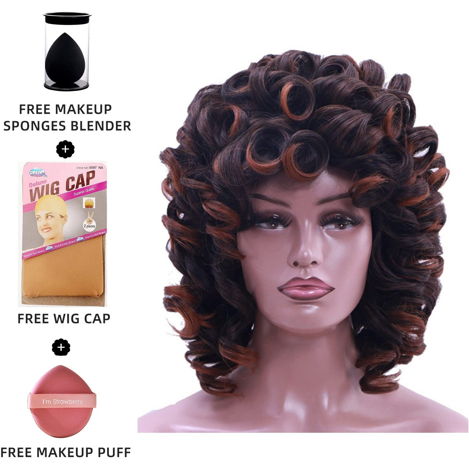 Kavsni Wig 70's Curly Wigs For Black Women Large Bouncy Fluffy And Soft Natural Looking Afro Wig 60S Wigs Gold Hoop Earring+2Wig Cap+Comb+2Beauty Blenders(Brown)