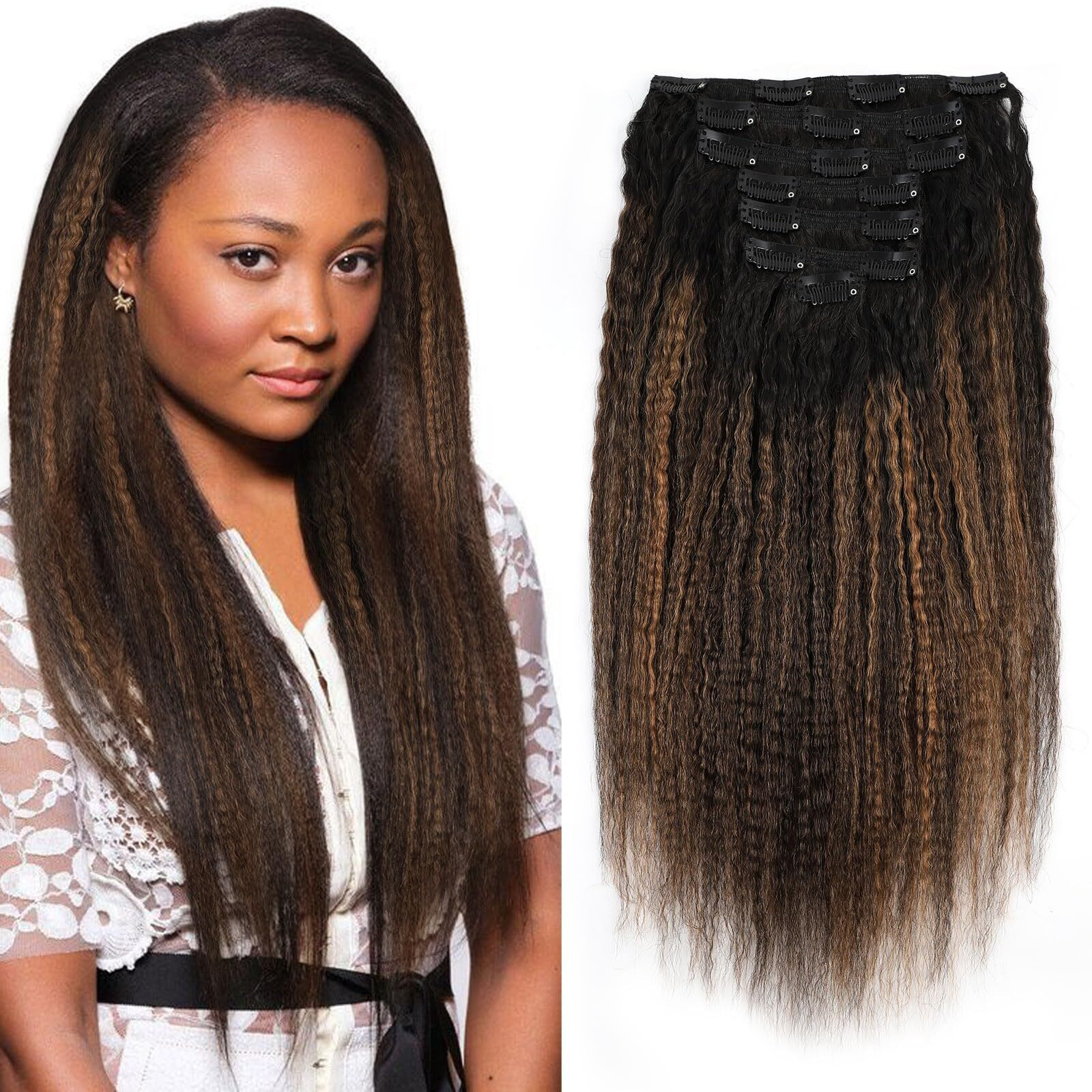 Sassina Clip In Hair Extensions Human Hair For African American Women Two Tone Natural Black To Light Auburn Clip Ins Hair Extensions For Full Head 14 Inch 120 Gram 7 Pcs T1B/1Bp30