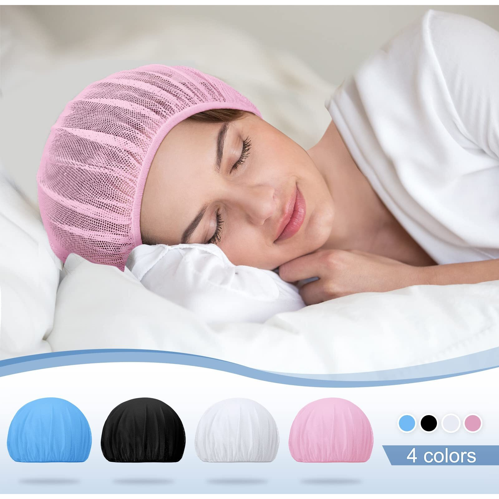 Chuarry 4 Pcs Mesh Sleep Bonnet For Sleeping Night Curly Hair Nets Sleep Caps For Women(White  Pink  Light Blue  Black)