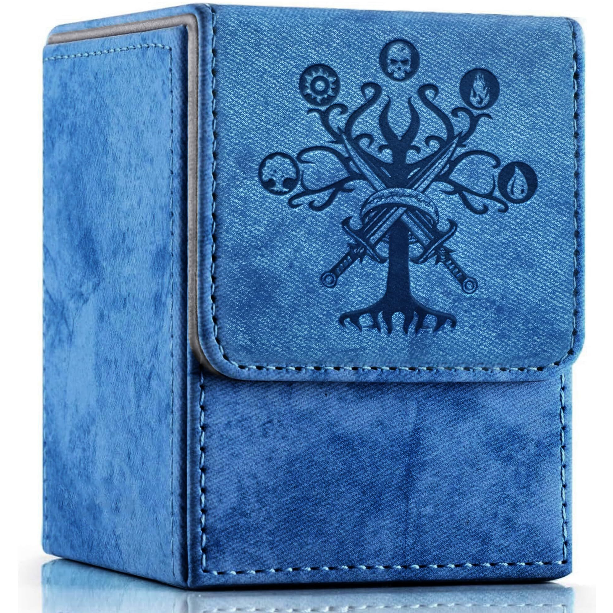 Promaxibinder Mtg Commander Deck Box  Fits 100 Single Sleeved Cards  Strong Magnet Magic Gathering Deck Box  Pu Leather Trading Card Storage Box For Tcg  Ccg  Mtg Cards (Navy Blue  Tree)
