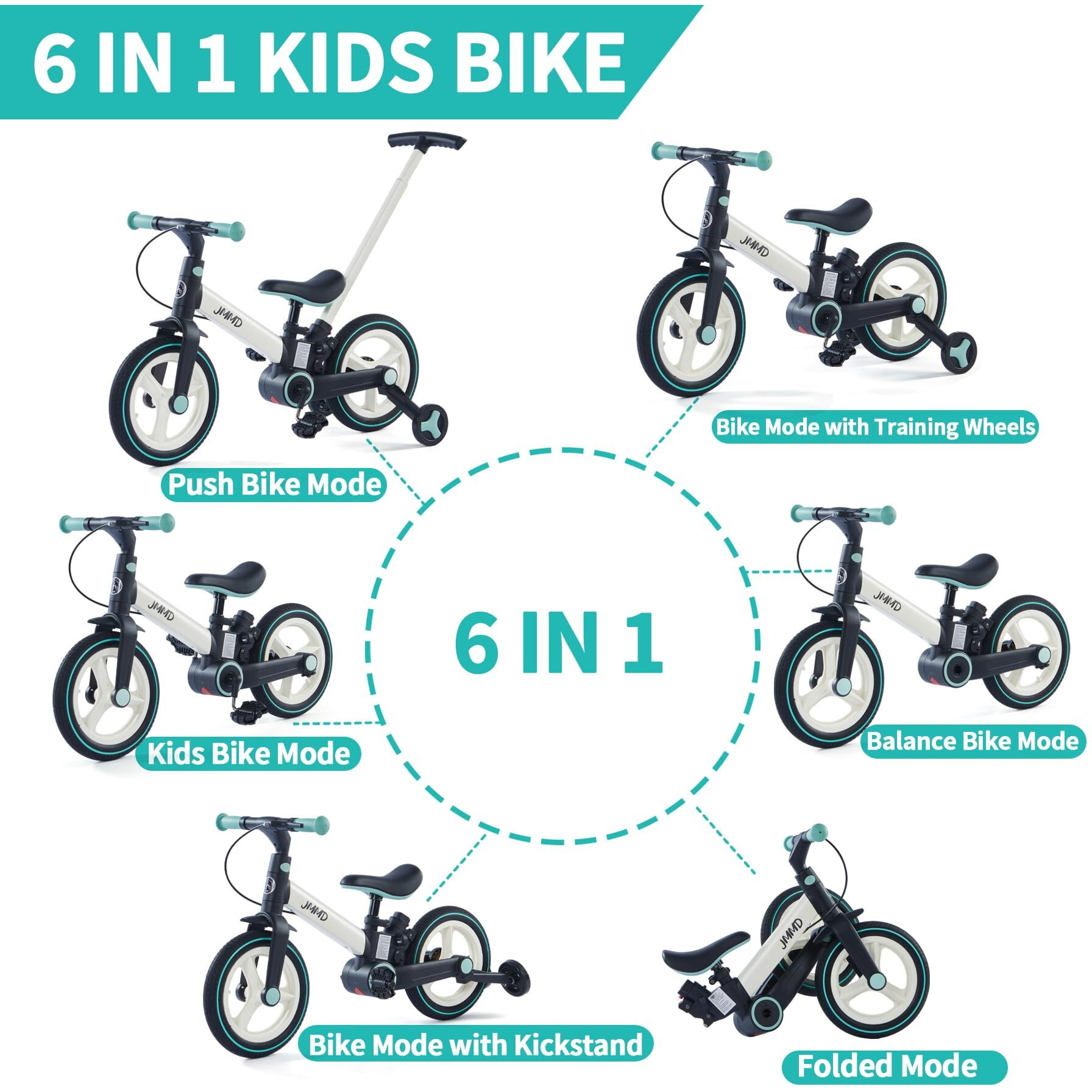 Jmmd Toddler Bike With Push Handle For Kids 18 Months-5 Years  6 In 1 Push Bike With Training Wheels & Pedals  Balance Bike For Boys And Girls With Brakes & Kickstand  Mint
