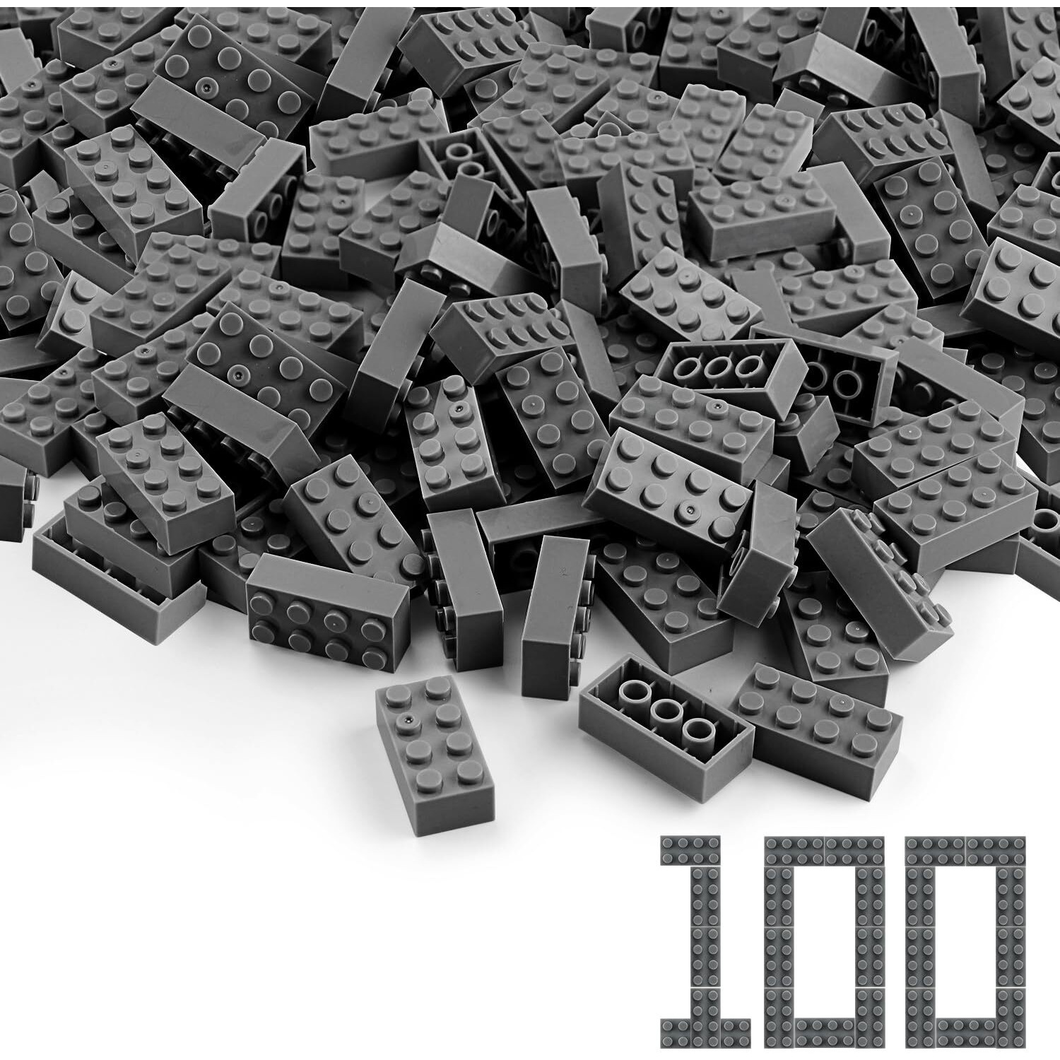 Feleph 100Pcs 2X4 Bricks Dark Gray Pieces Grey Classic Building Blocks Creative Play Set Toy Accessories Compatible With Major Brick Brands