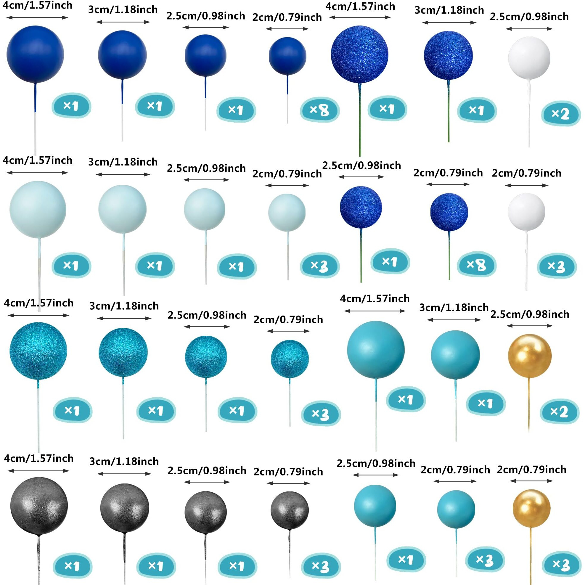 56 Pcs Ball Cake Picks Colorful Ball Shaped Cake Topper Pearl Balls Cupcake Cake Insert Topper For Birthday Party Wedding Decoration Supplies Blue Series Eight Colors