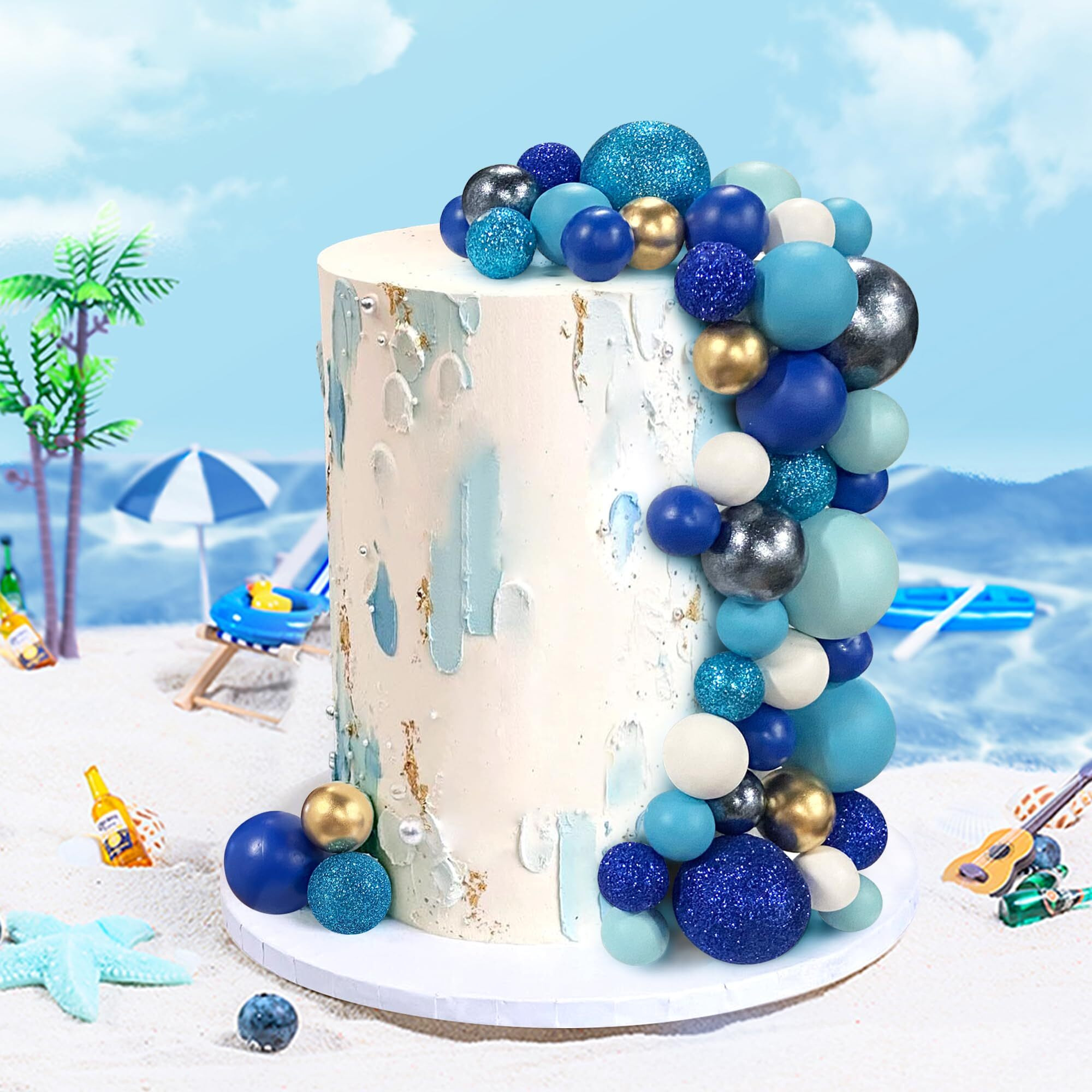 56 Pcs Ball Cake Picks Colorful Ball Shaped Cake Topper Pearl Balls Cupcake Cake Insert Topper For Birthday Party Wedding Decoration Supplies Blue Series Eight Colors