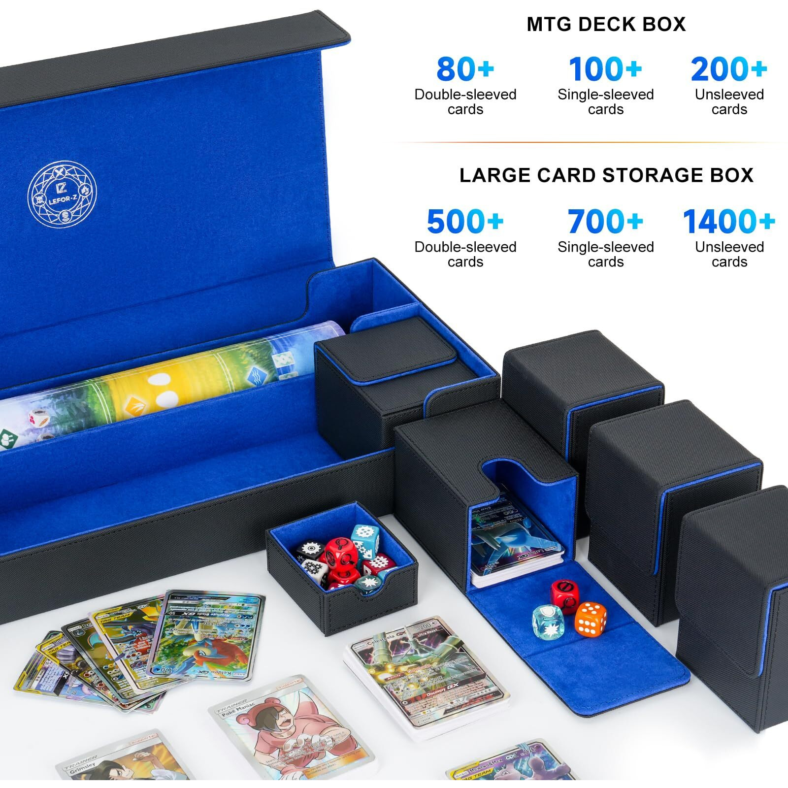 6 In1 Card Deck Box Set X-Large Premium Card Game Deck Storage Box With 5 Small Card Deck Case Compatible With Mtg/Tcg/Yugioh/Magic/Commander(Black&Blue)