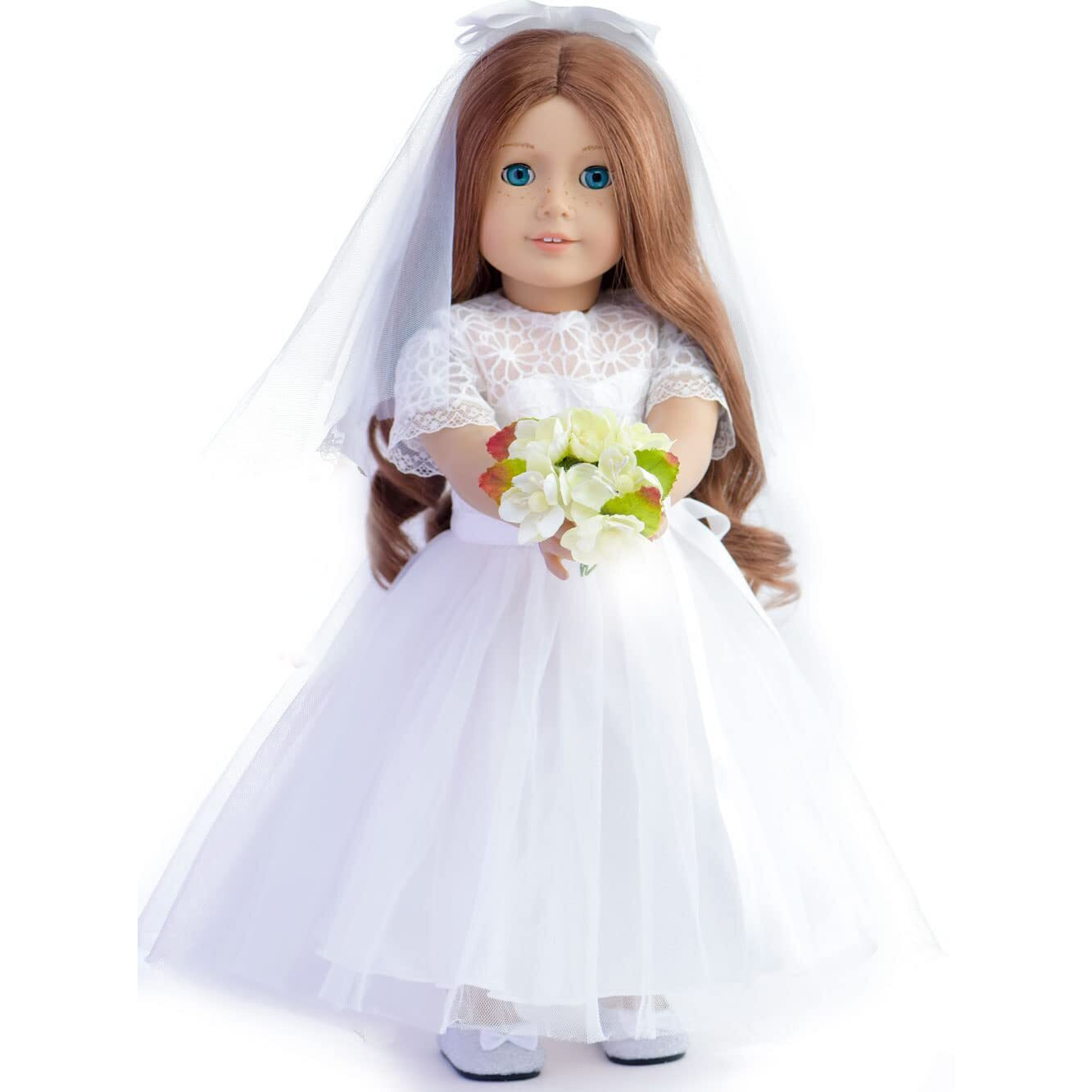 Sweet Dolly 18 Inches American Doll Clothes First Communion Gorgeous White Wedding Dress Veil Bouquet Sets Fit 18 Inches Dolls