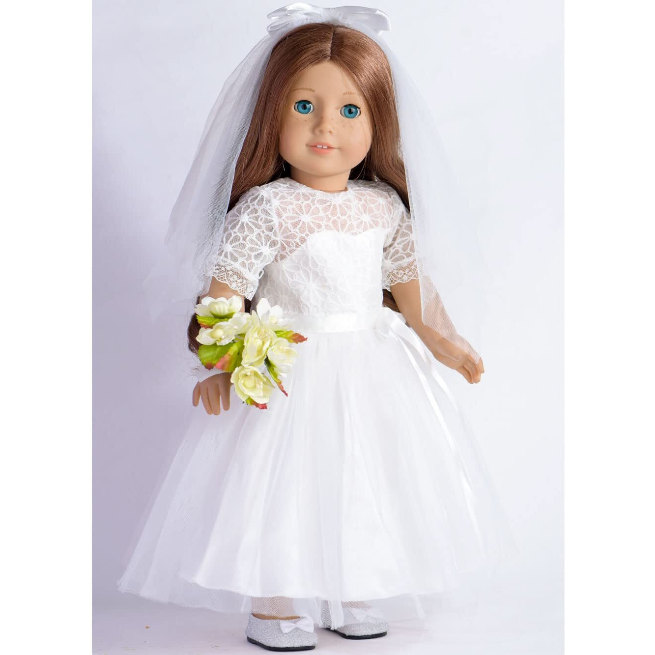 Sweet Dolly 18 Inches American Doll Clothes First Communion Gorgeous White Wedding Dress Veil Bouquet Sets Fit 18 Inches Dolls