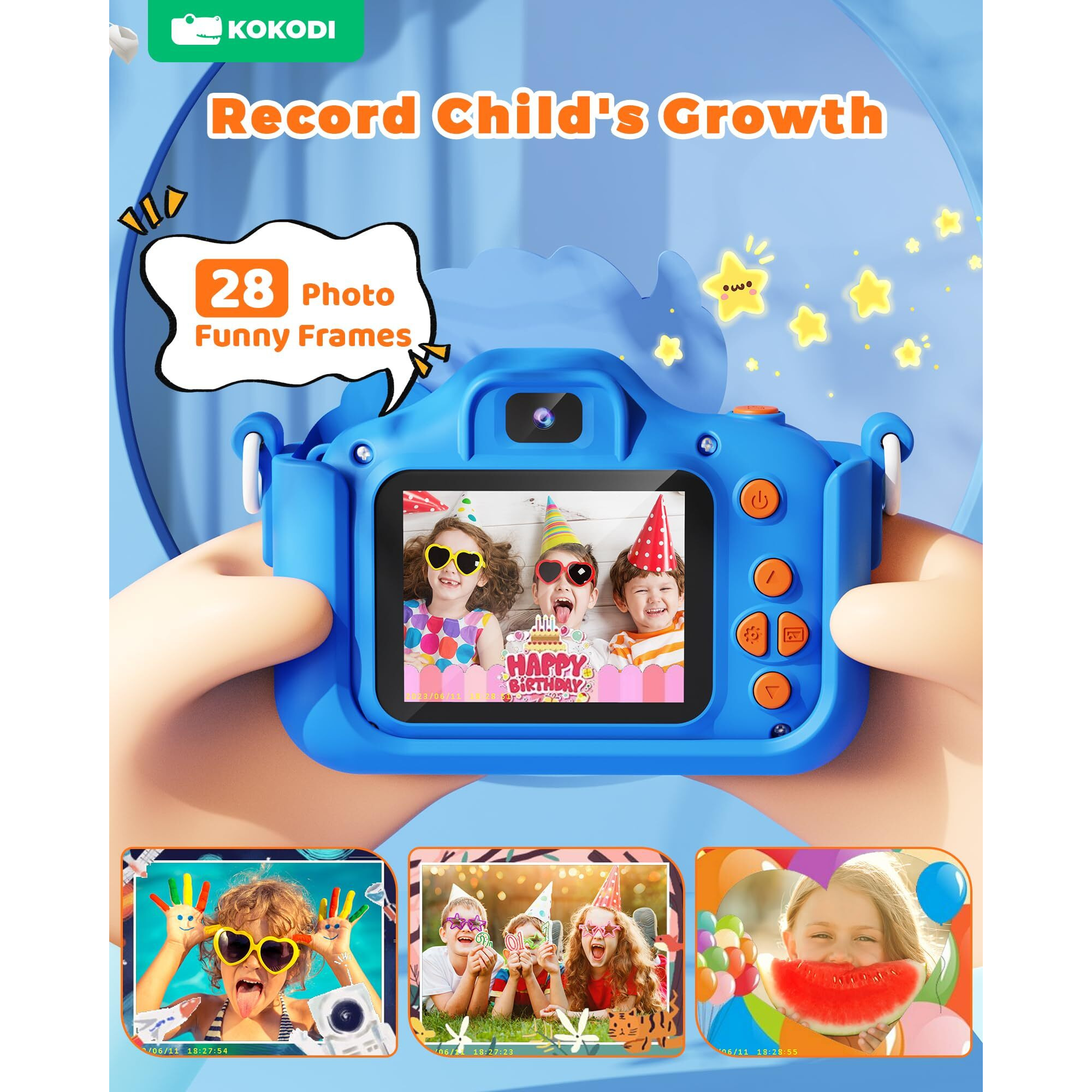 Kokodi Kids Camera Toy Digital Camera For Kids  Dinosaurs Birthday Gifts For Boys Age 3-12  1080P Hd Video Camera For Toddler  Children Toys For 3 4 5 6 7 8 9 Year Old Boys With 32Gb Sd Card
