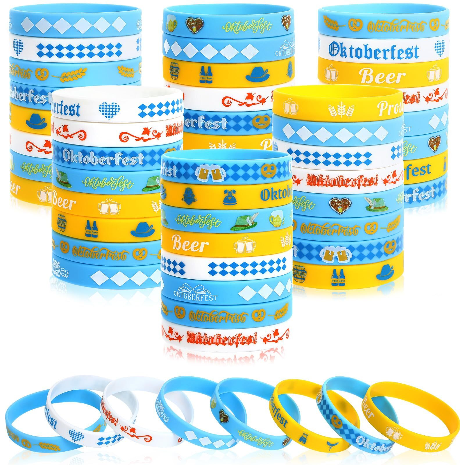 Junebrushs 64Pcs Oktoberfest Party Favors Silicone Bracelets Bulk Blue And White Checkered Rubber Bracelet For Oktoberfest Party Bavarian Beer Festival Style Decorations Supplies
