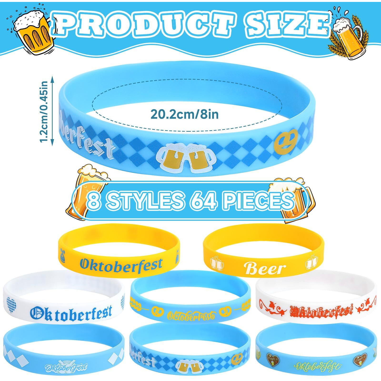 Junebrushs 64Pcs Oktoberfest Party Favors Silicone Bracelets Bulk Blue And White Checkered Rubber Bracelet For Oktoberfest Party Bavarian Beer Festival Style Decorations Supplies