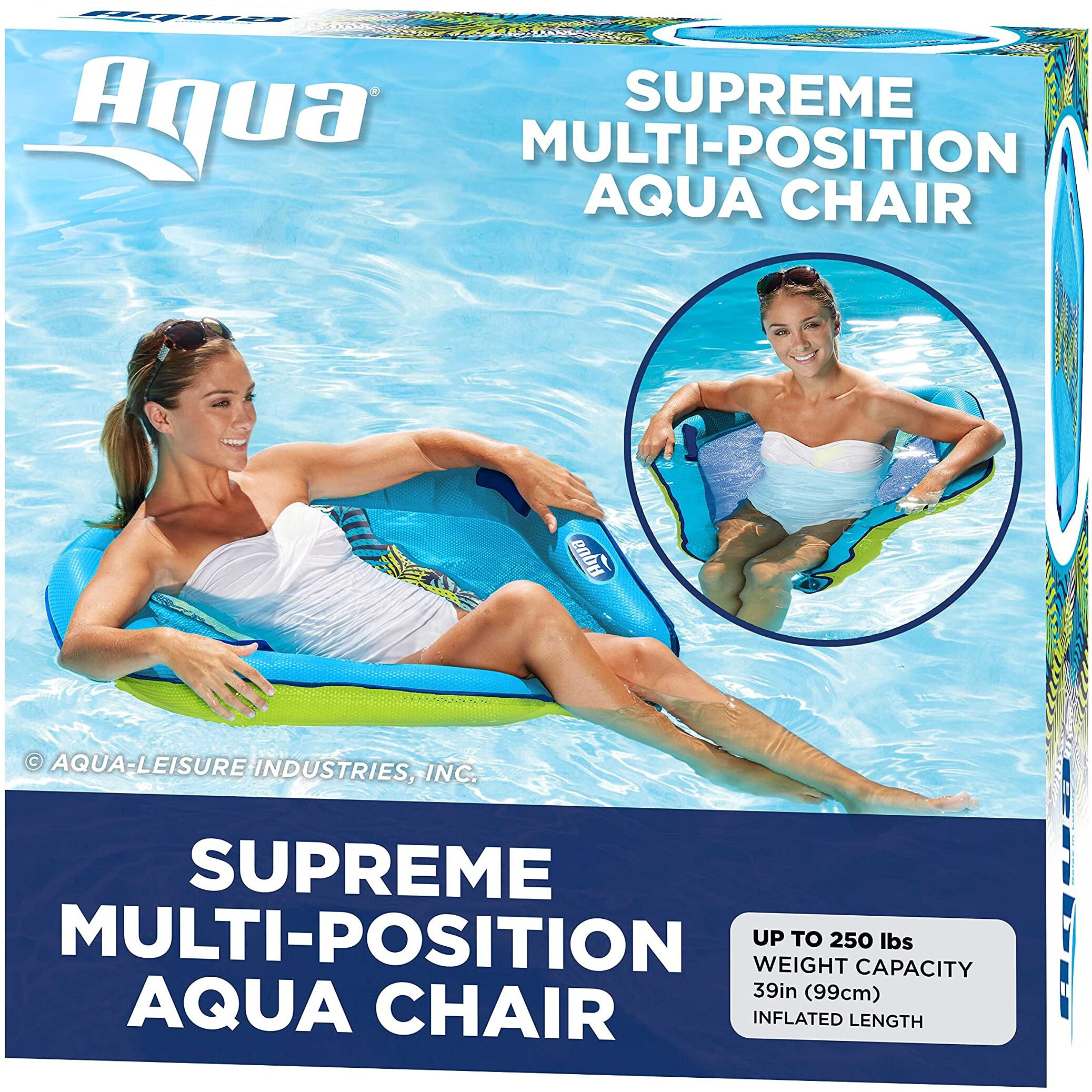 Aqua Deluxe Supreme Hex Pool Chair Lounge  Luxury Fabric  Suntanner Pool Chair Float  Adult Pool Float  Heavy Duty  Blue Fern