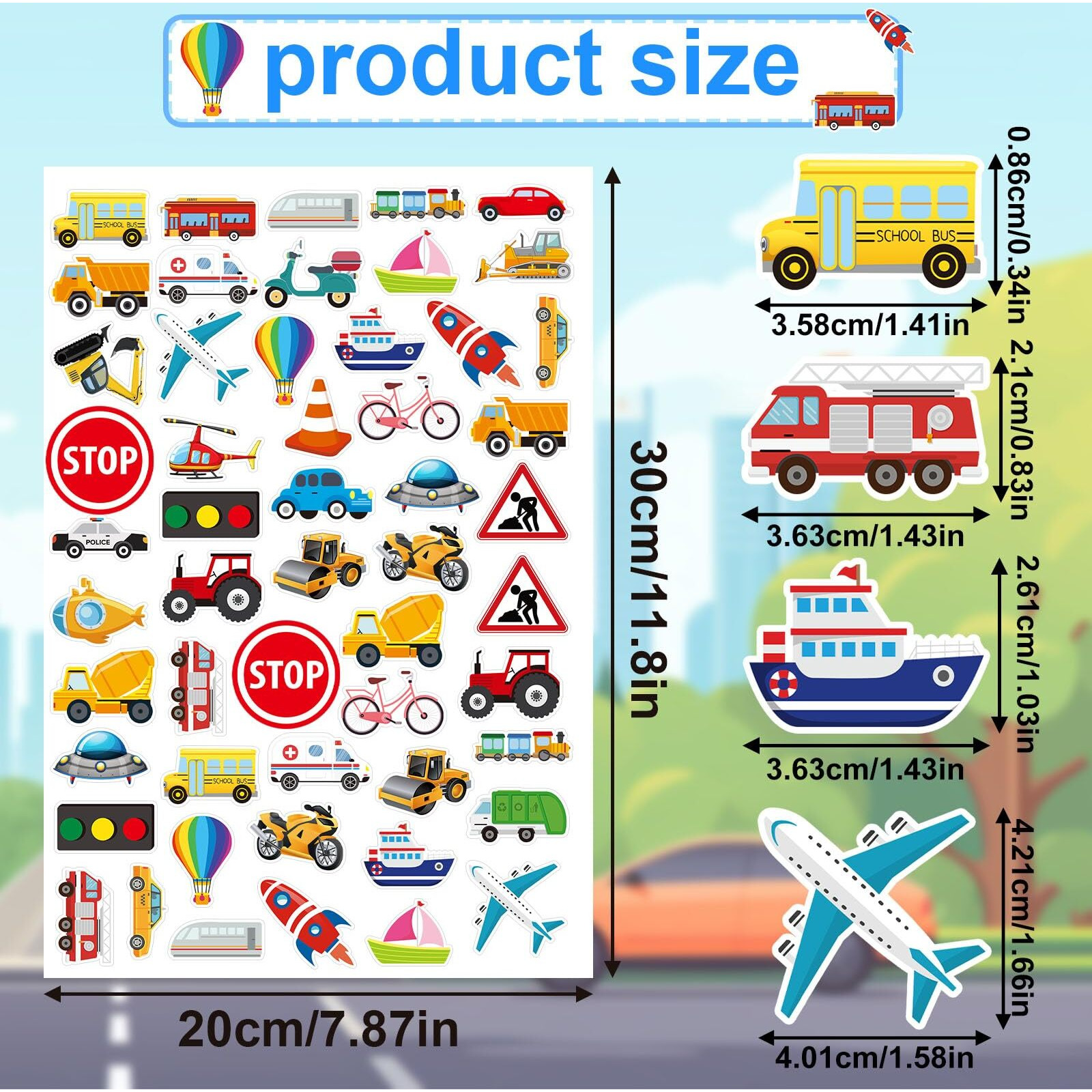 Julbear 300 Pieces Transportation Foam Stickers Bulk Self-Adhesive Cartoon Race Car Bus Vehicle Truck Stickers For Crafts Transportation Theme Party Favors Decoration School Reward Diy Supplies
