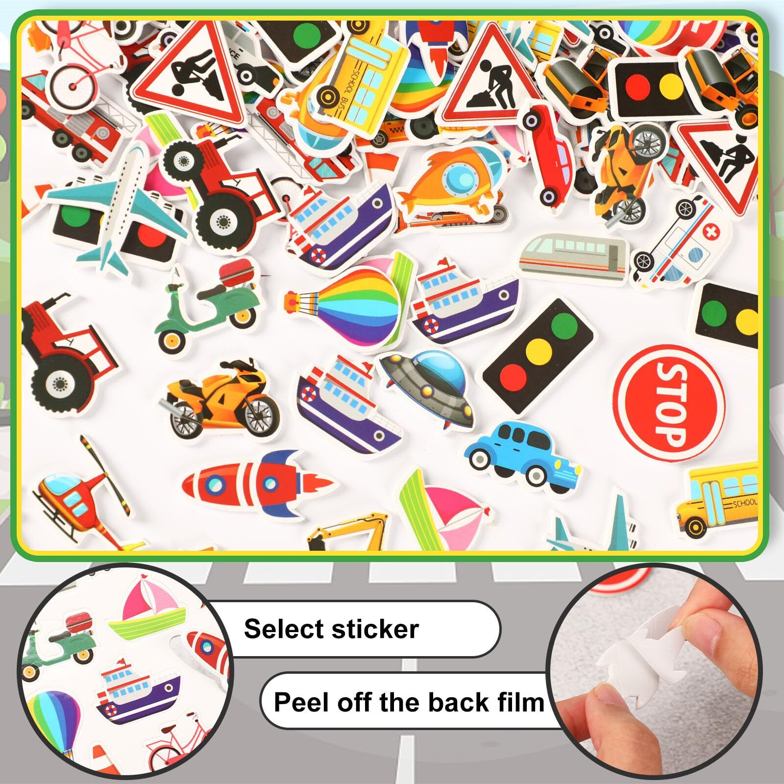 Julbear 300 Pieces Transportation Foam Stickers Bulk Self-Adhesive Cartoon Race Car Bus Vehicle Truck Stickers For Crafts Transportation Theme Party Favors Decoration School Reward Diy Supplies