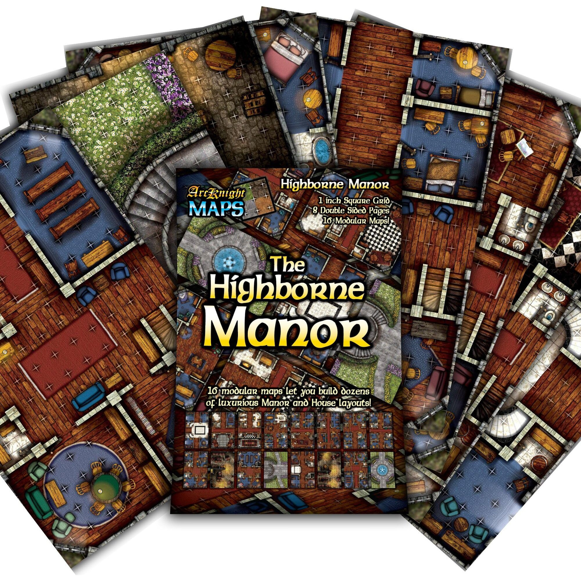 Arcknight The Highborne Manor Roleplaying Battlemaps 16 Modular Rpg Maps In 8 Double-Sided Pages  1"" Square Grid  Modular & Versatile Design For Tabletop Gaming - For Dungeons & Dragons  Pathfinder