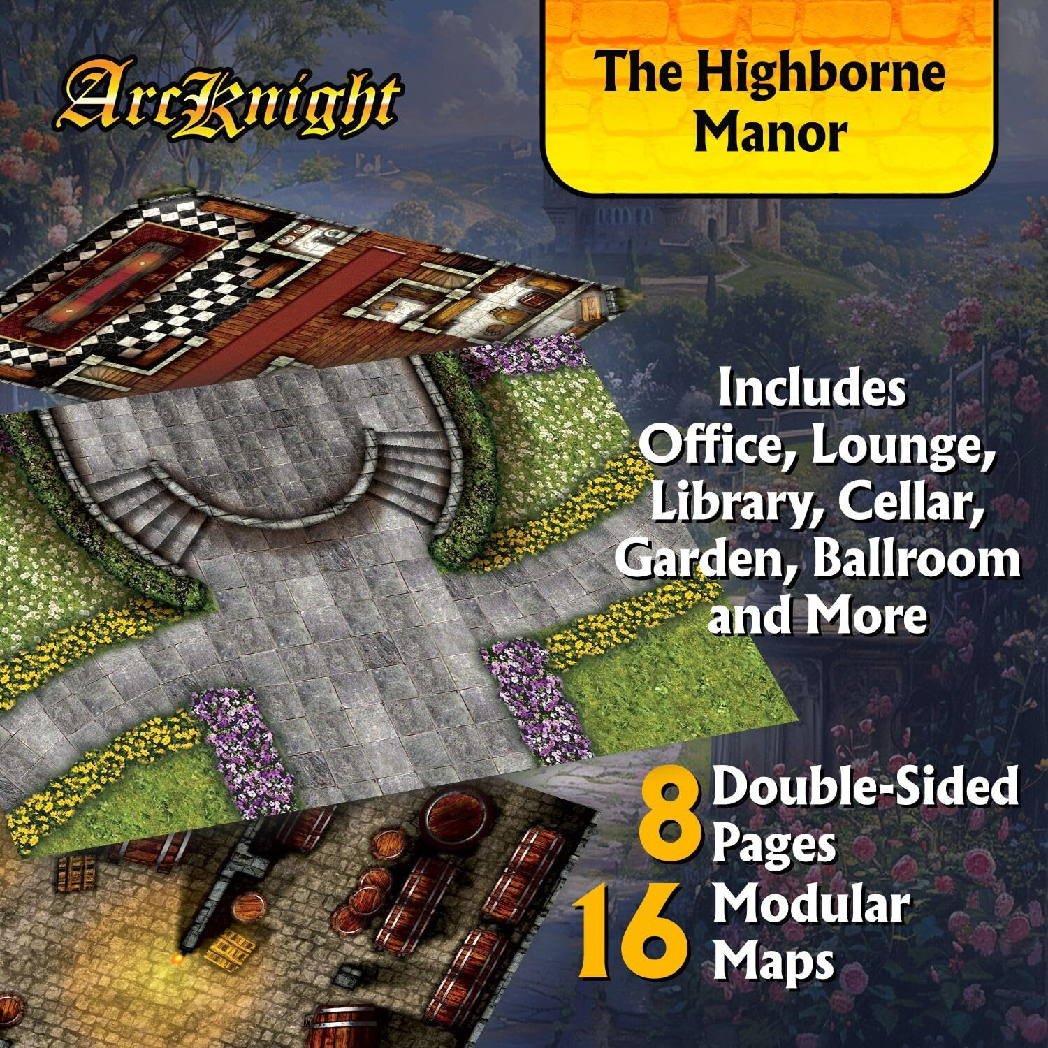 Arcknight The Highborne Manor Roleplaying Battlemaps 16 Modular Rpg Maps In 8 Double-Sided Pages  1"" Square Grid  Modular & Versatile Design For Tabletop Gaming - For Dungeons & Dragons  Pathfinder