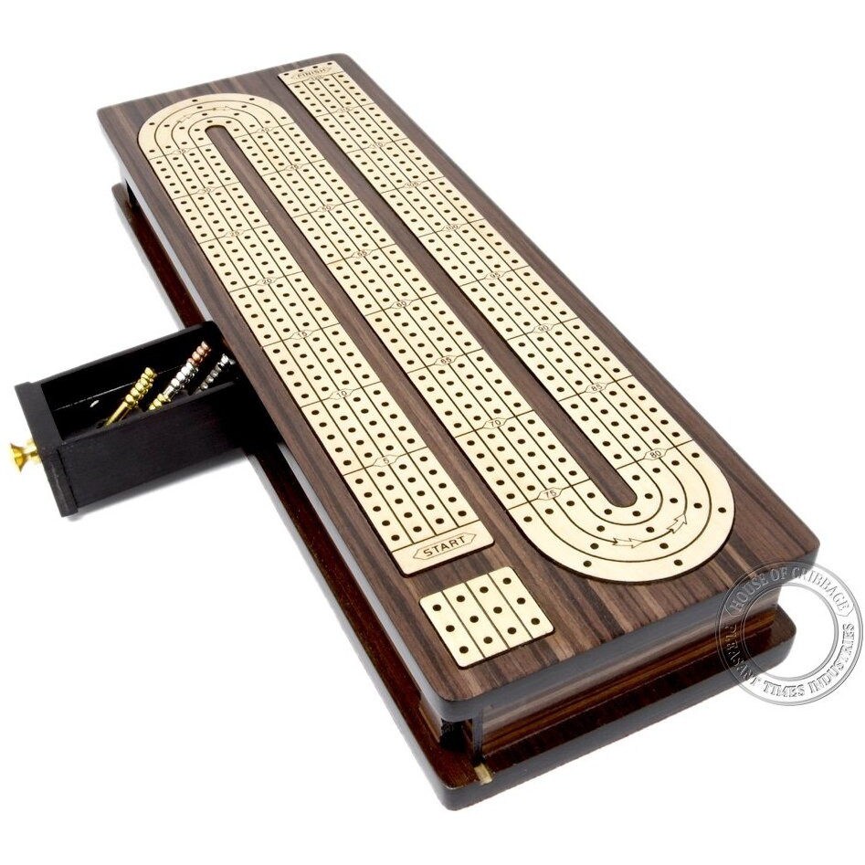 House Of Cribbage - Continuous Cribbage Board Inlaid 4 Tracks Rosewood/Maple With Sliding Lids And Drawer