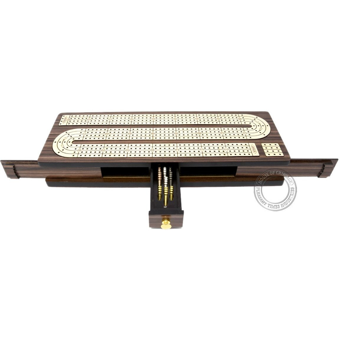 House Of Cribbage - Continuous Cribbage Board Inlaid 4 Tracks Rosewood/Maple With Sliding Lids And Drawer