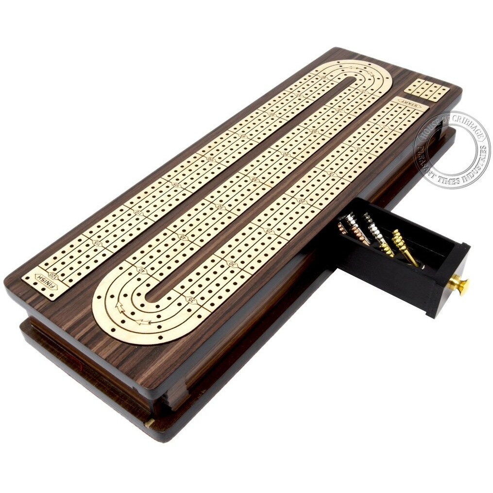 House Of Cribbage - Continuous Cribbage Board Inlaid 4 Tracks Rosewood/Maple With Sliding Lids And Drawer