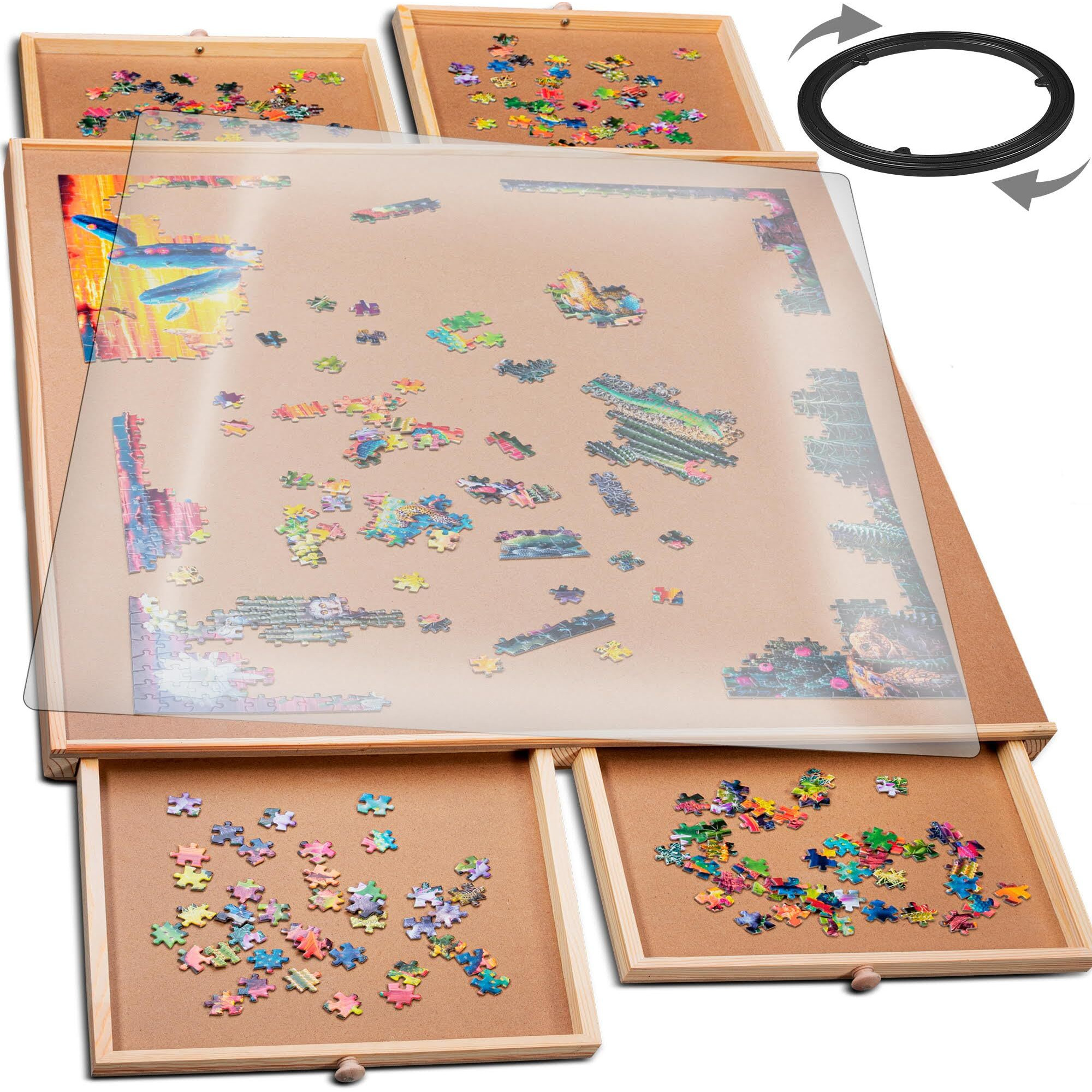 Playvibe Rotating Jigsaw Puzzle Board With Drawers 1000 Piece - Puzzle Table With Cover  4 Drawers  22 1/4  X 30"" - Wooden Puzzle Organizer - Puzzle Accessories