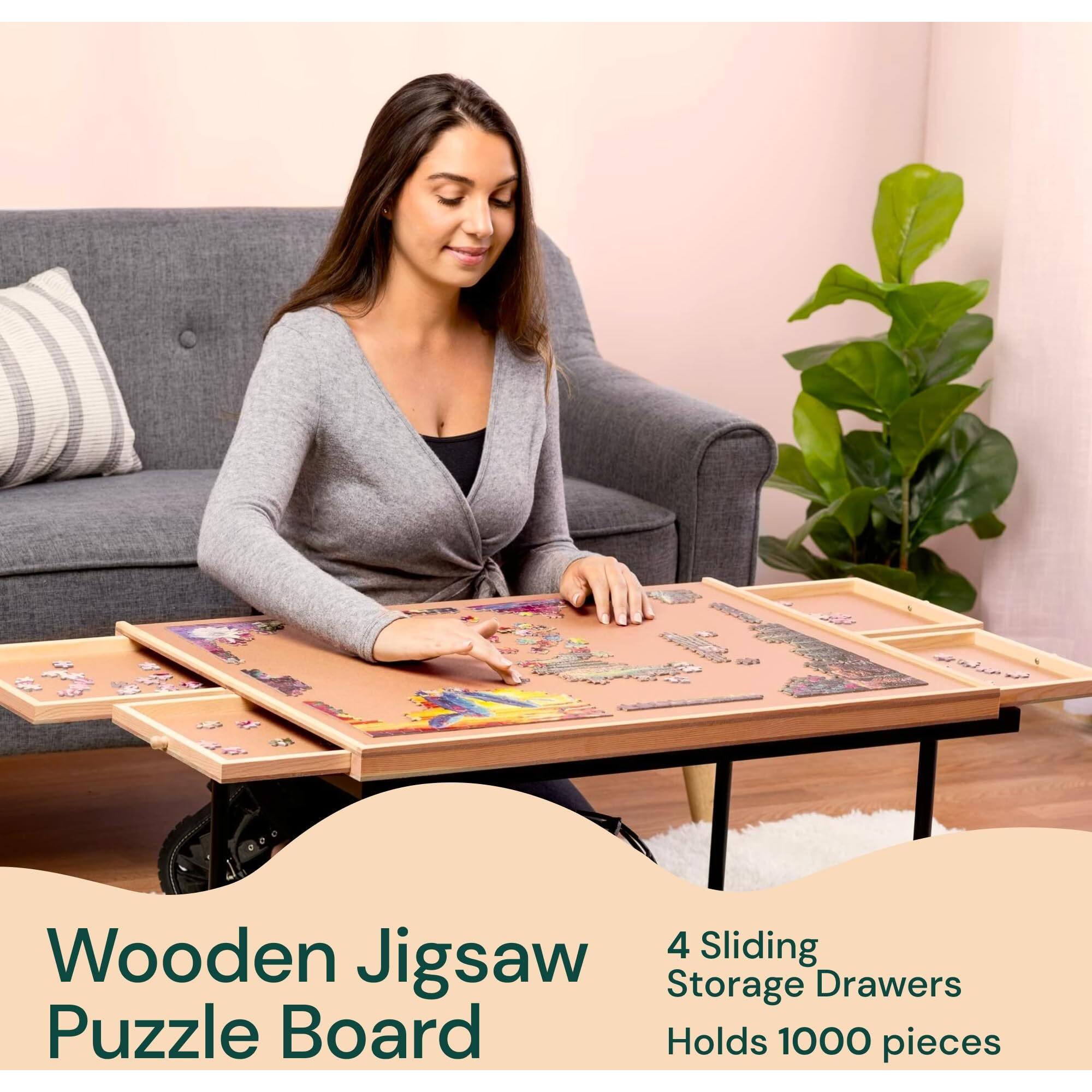 Playvibe Rotating Jigsaw Puzzle Board With Drawers 1000 Piece - Puzzle Table With Cover  4 Drawers  22 1/4  X 30"" - Wooden Puzzle Organizer - Puzzle Accessories