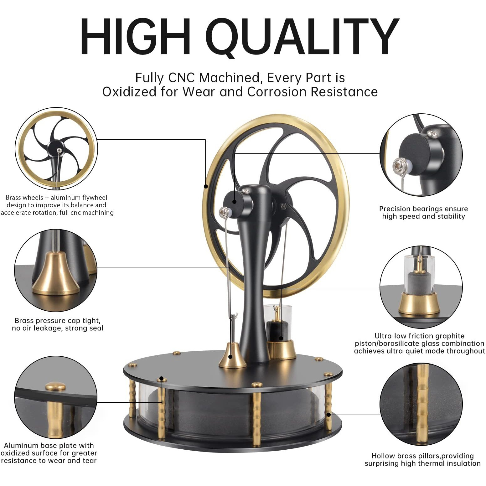 Pfcke Low Temperature Stirling Engine Classroom Teaching Stirling Engine Kit Steam Heat Educational Model Brass Aluminum Stirling Engine-Hzz92 Pro Black