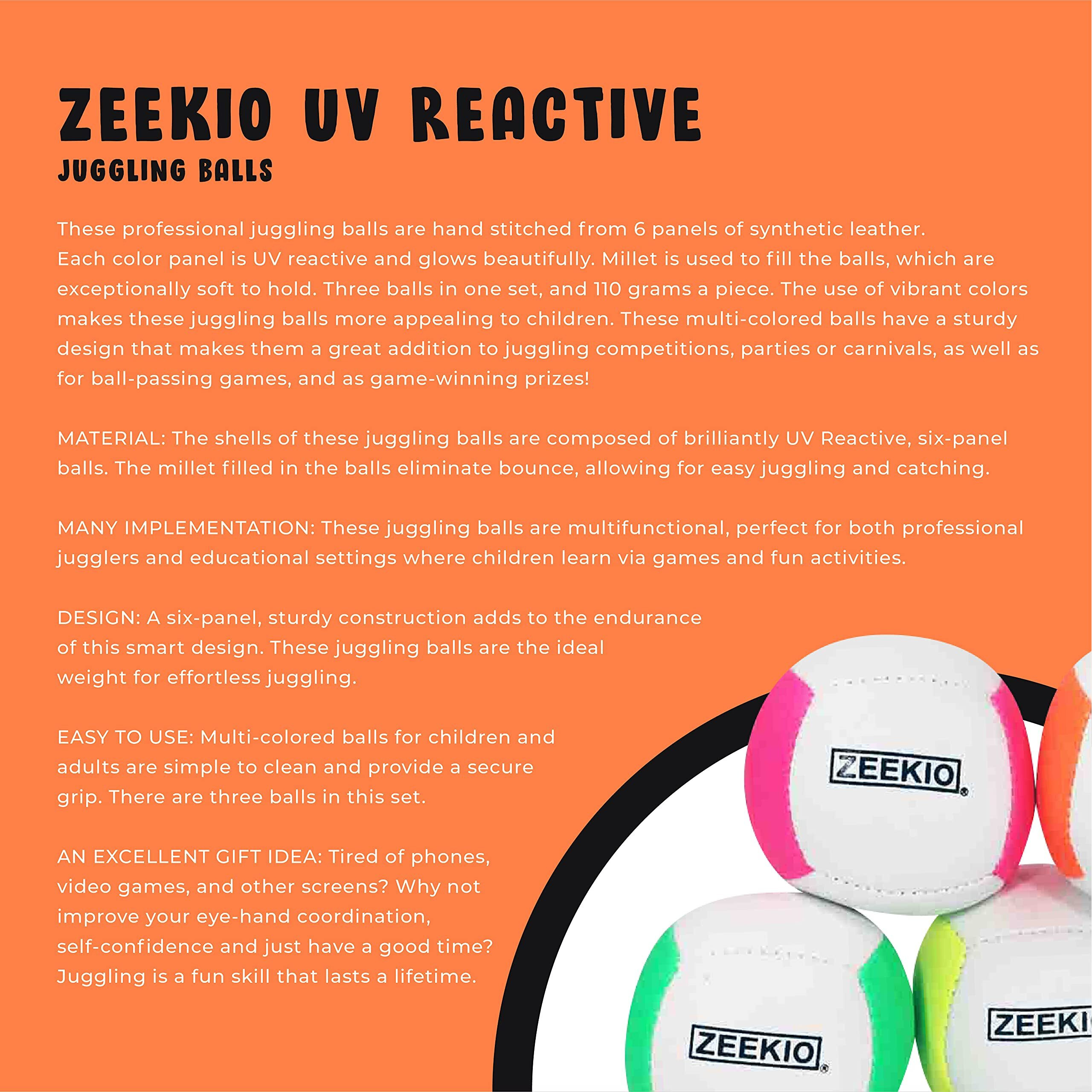 Zeekio Lunar Juggling Balls - [Set Of 3]  Professional Uv Reactive  6-Panel Balls  Synthetic Leather  Millet Filled  110G Each  White/Blue