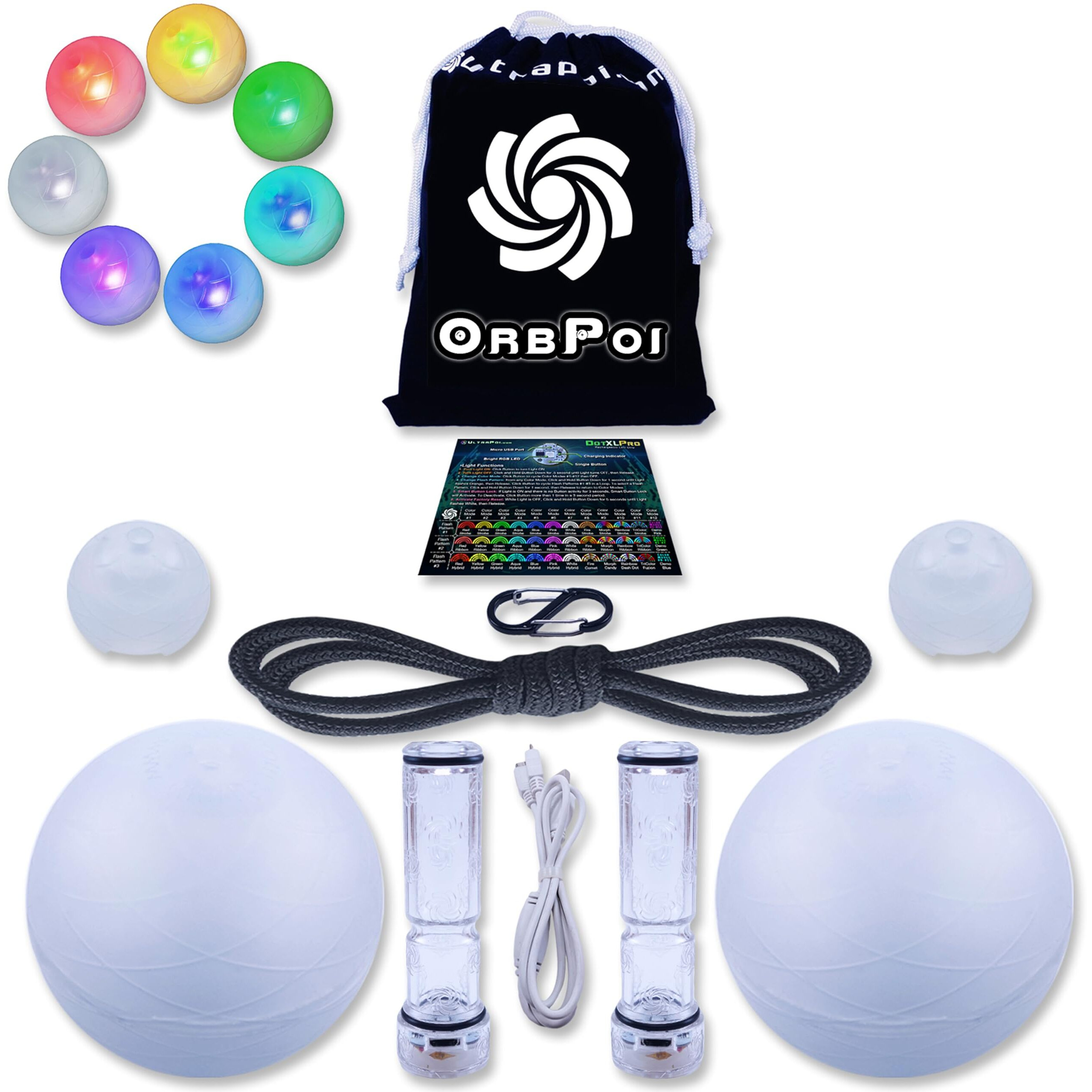 Ultrapoi Orbpoi Set - Orb Poi W/Non Led Knob Handles - Usb Rechargeable Contact Led Poi Balls W/ 30+ Color Modes & Flashing Patterns - Led Poi Spinning Balls W/Soft Durable Cases - Flow Arts Toy
