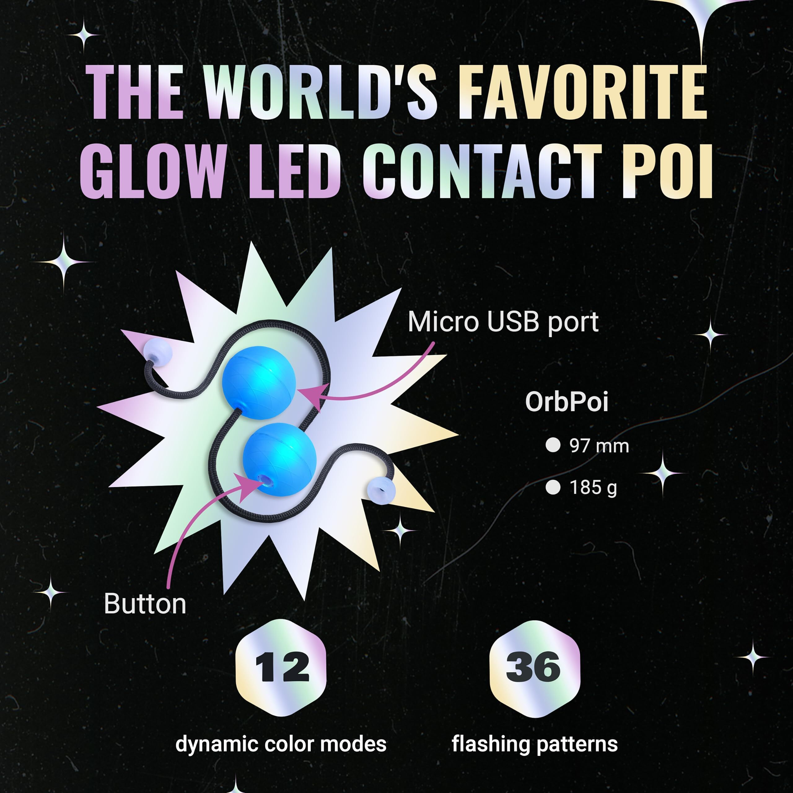 Ultrapoi Orbpoi Set - Orb Poi W/Non Led Knob Handles - Usb Rechargeable Contact Led Poi Balls W/ 30+ Color Modes & Flashing Patterns - Led Poi Spinning Balls W/Soft Durable Cases - Flow Arts Toy