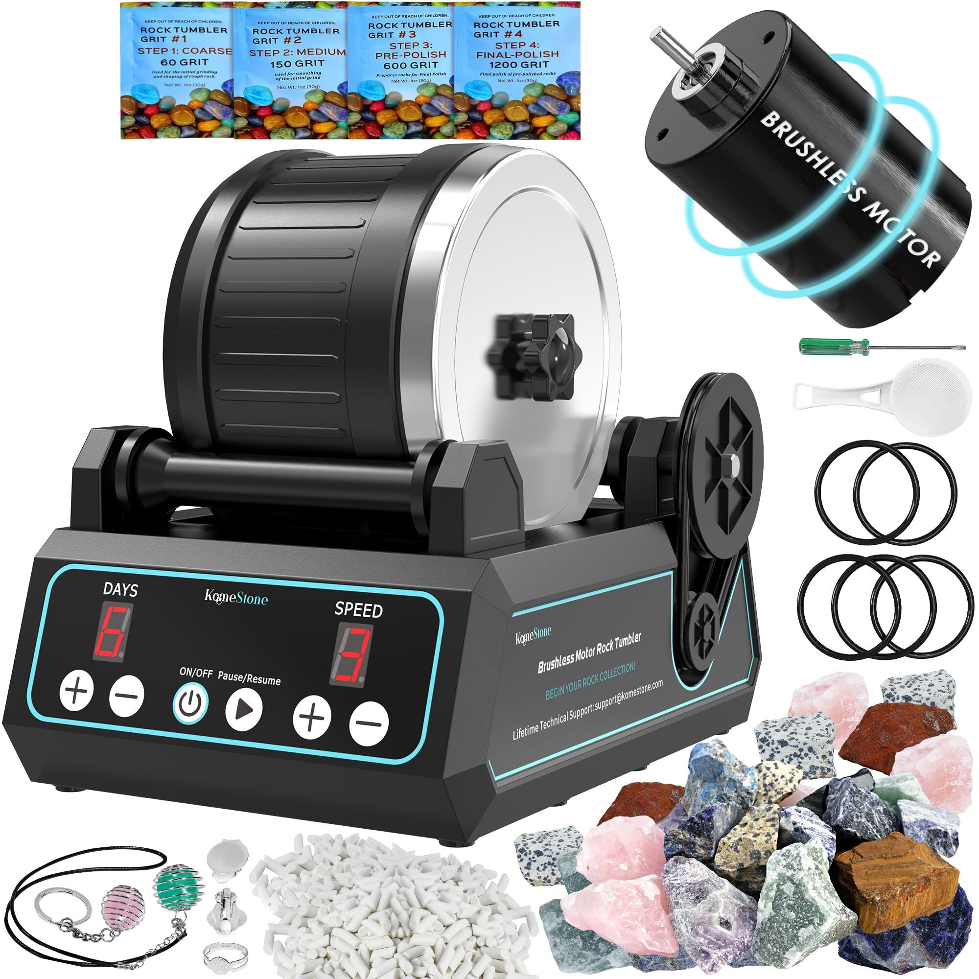 Komestone K1 Pro Professional Cutting-Edge Brushless Motor Advanced Rock Tumbler Polisher Kit  Extra Large 2.5Lb Barrel With 3-Speed Motor 9-Day Timer  6 Belts  Rough Gemstones  4 Polishing Grits Etc.