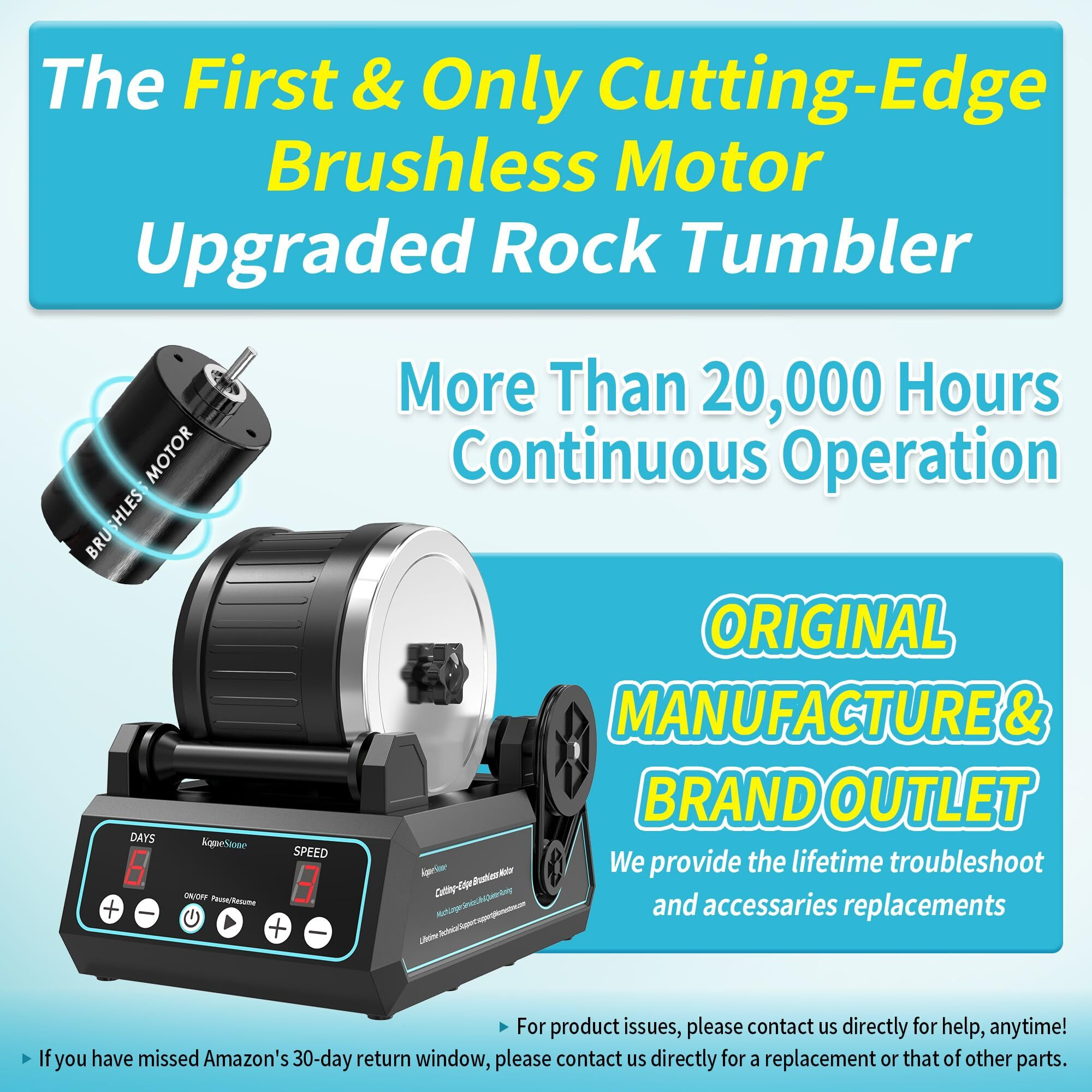 Komestone K1 Pro Professional Cutting-Edge Brushless Motor Advanced Rock Tumbler Polisher Kit  Extra Large 2.5Lb Barrel With 3-Speed Motor 9-Day Timer  6 Belts  Rough Gemstones  4 Polishing Grits Etc.