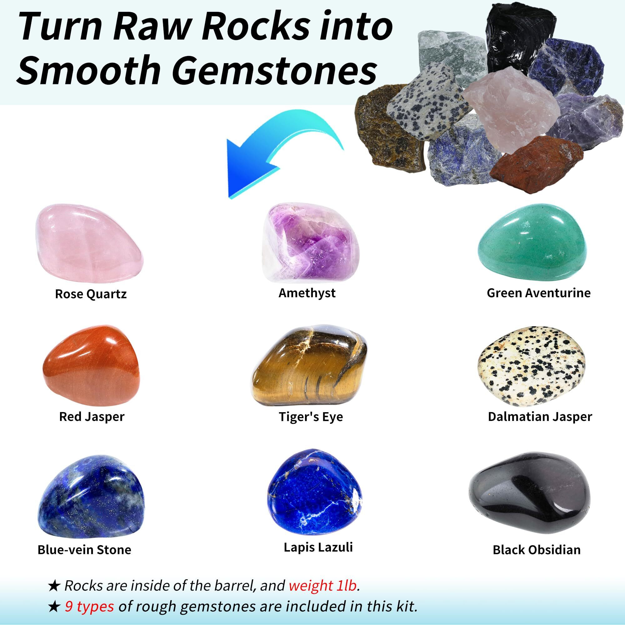 Komestone K1 Pro Professional Cutting-Edge Brushless Motor Advanced Rock Tumbler Polisher Kit  Extra Large 2.5Lb Barrel With 3-Speed Motor 9-Day Timer  6 Belts  Rough Gemstones  4 Polishing Grits Etc.