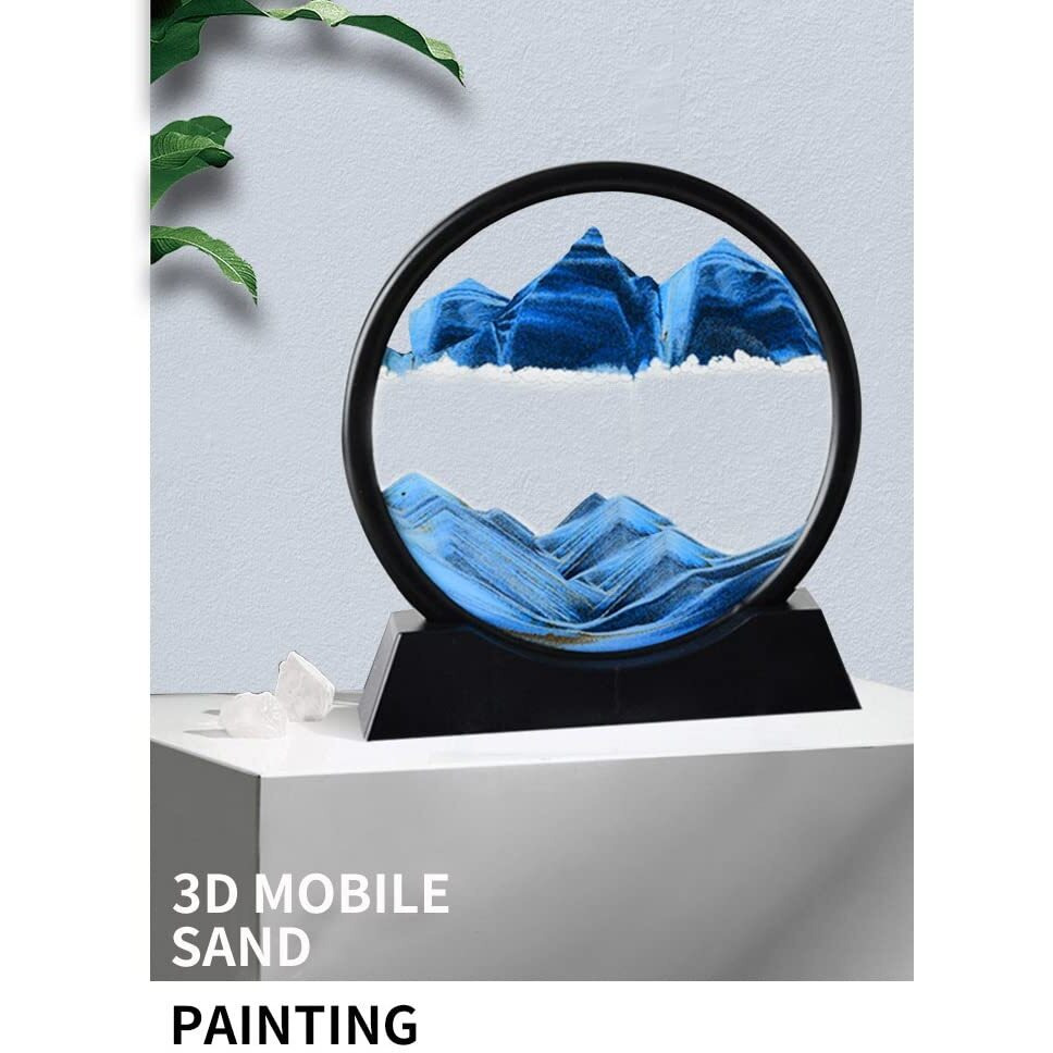 Sofliy 3D Dynamic Sand Art Liquid Motion  Moving Sand Art Picture Round Glass 3D Deep Sea Sandscape In Motion Display Flowing Sand Frame Relaxing Desktop Home Office Work Decor (12  Blue)