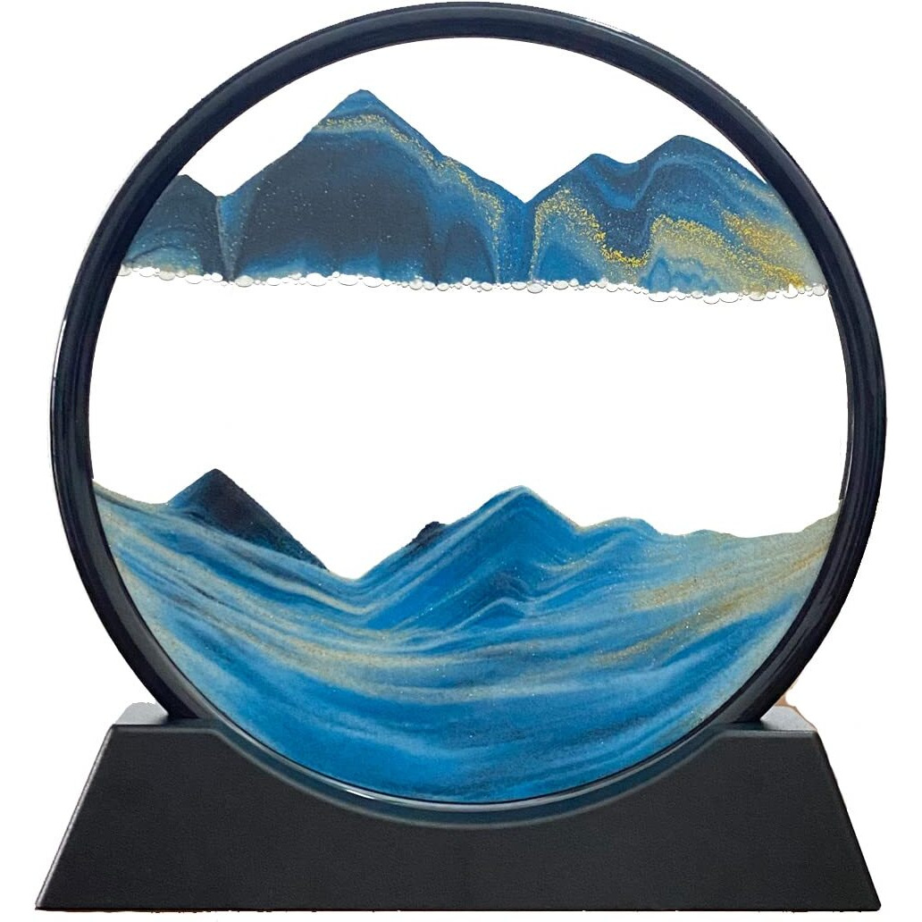 Sofliy 3D Dynamic Sand Art Liquid Motion  Moving Sand Art Picture Round Glass 3D Deep Sea Sandscape In Motion Display Flowing Sand Frame Relaxing Desktop Home Office Work Decor (7  Blue)