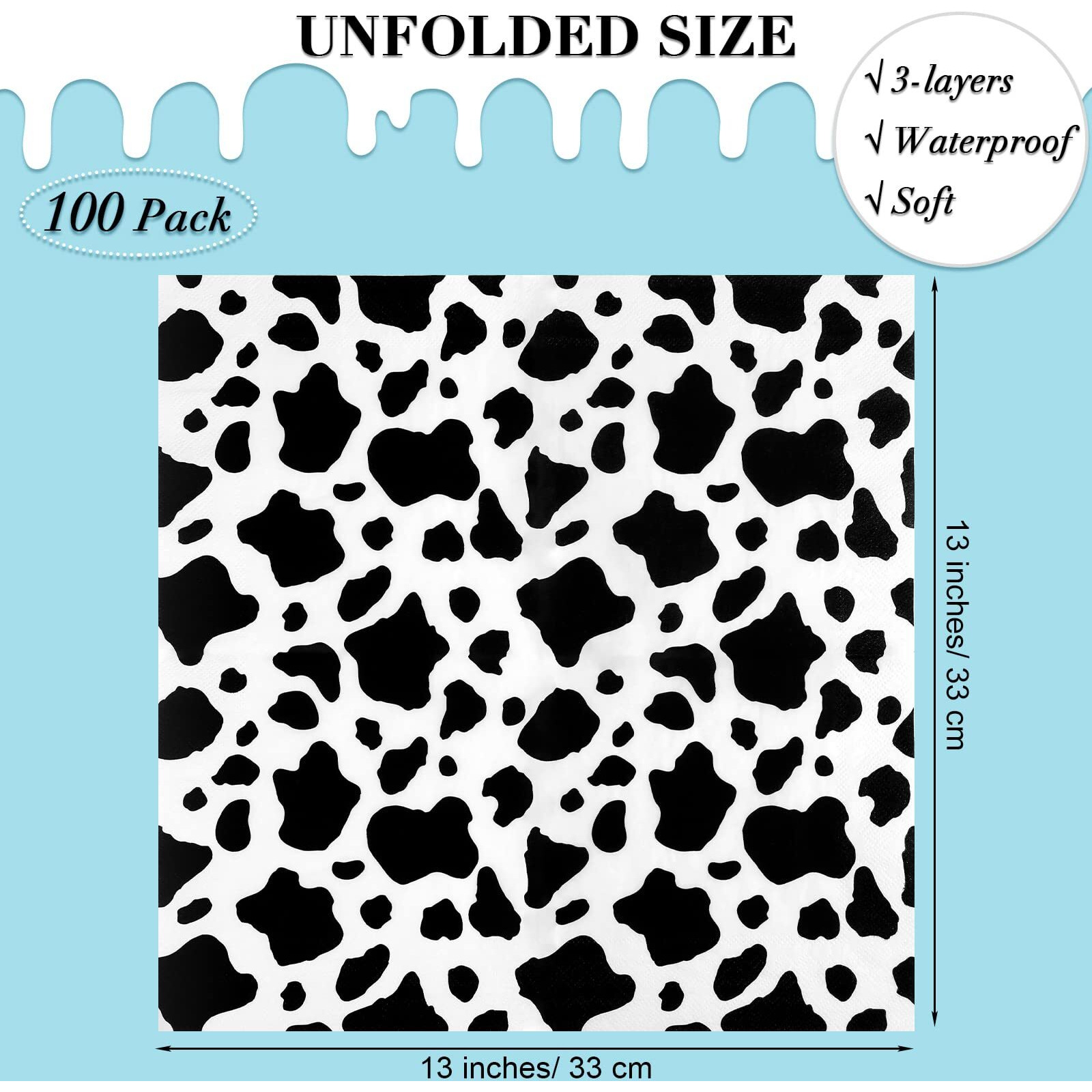 Durony 72 Pack Cow Party Napkins Cow Print Animal Cloth Napkin 3-Layers Farm Animal Party Napkins For Cow Print Birthday Tableware Dinner Party Supplies