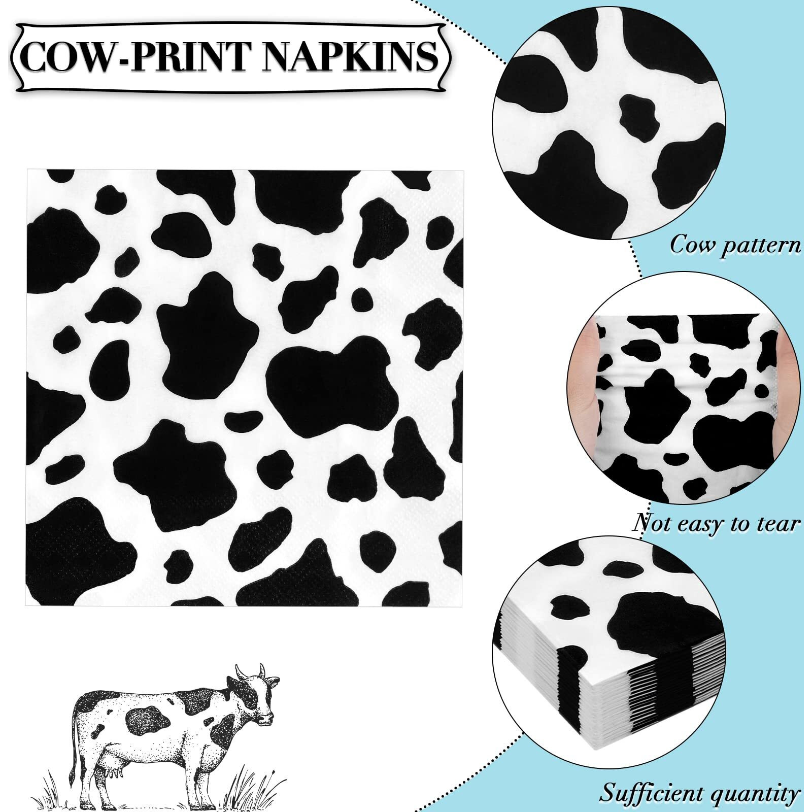 Durony 72 Pack Cow Party Napkins Cow Print Animal Cloth Napkin 3-Layers Farm Animal Party Napkins For Cow Print Birthday Tableware Dinner Party Supplies