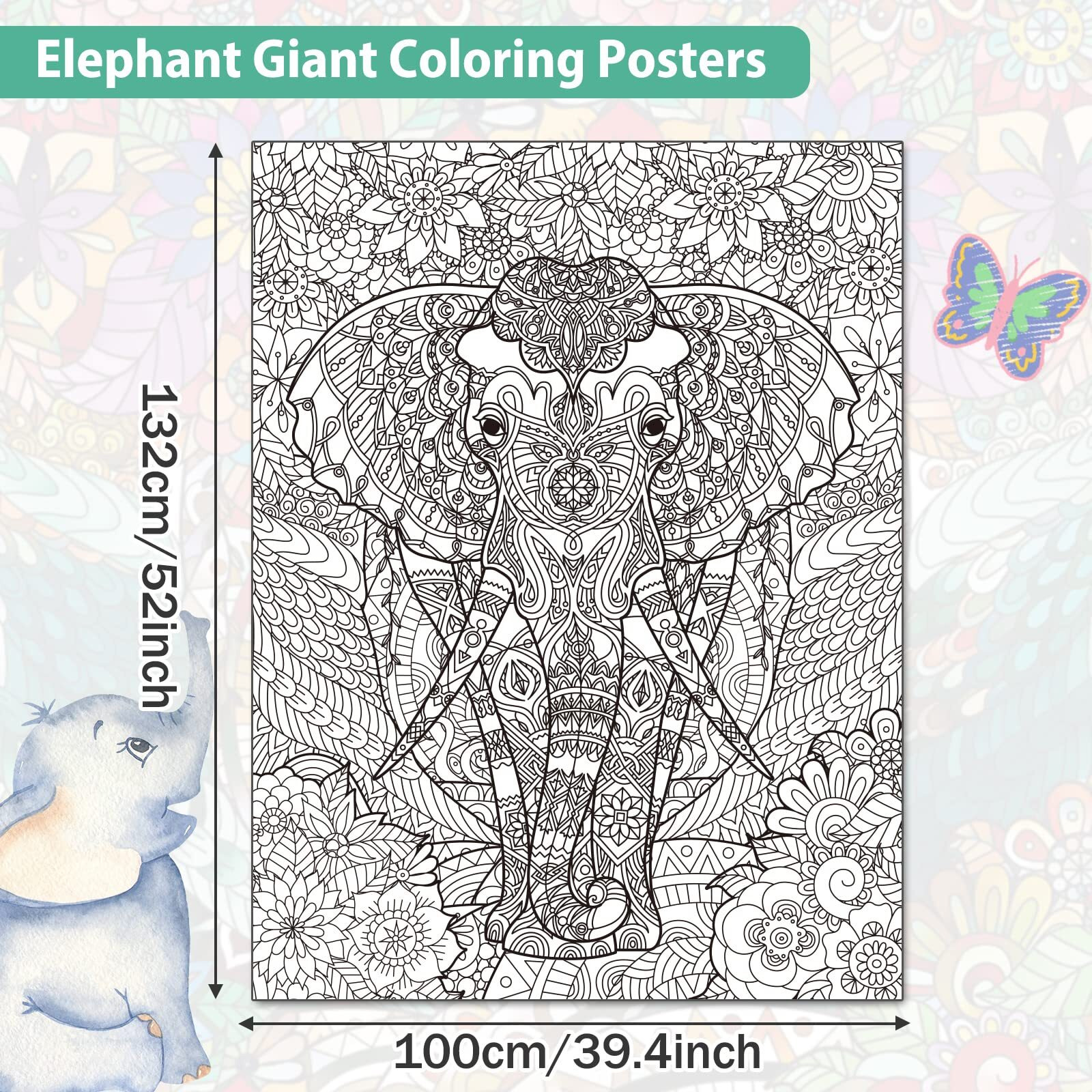Elephant Giant Coloring Posters For Kids Adults Elephant Coloring Poster 39.3751.96 Inch Mandala Coloring Posters Wall Art Decor Blank Banner For School Group Family Art Craft Activities Decoration