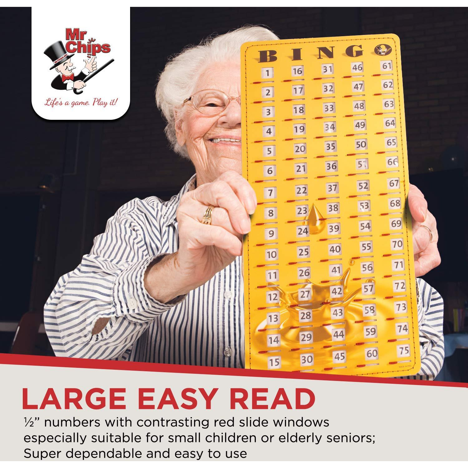 Mr Chips Jam-Proof Finger Tip Master Bingo Card With Sliding Windows - Large Cardboard Bingo Calling Card - Gold Rush Style