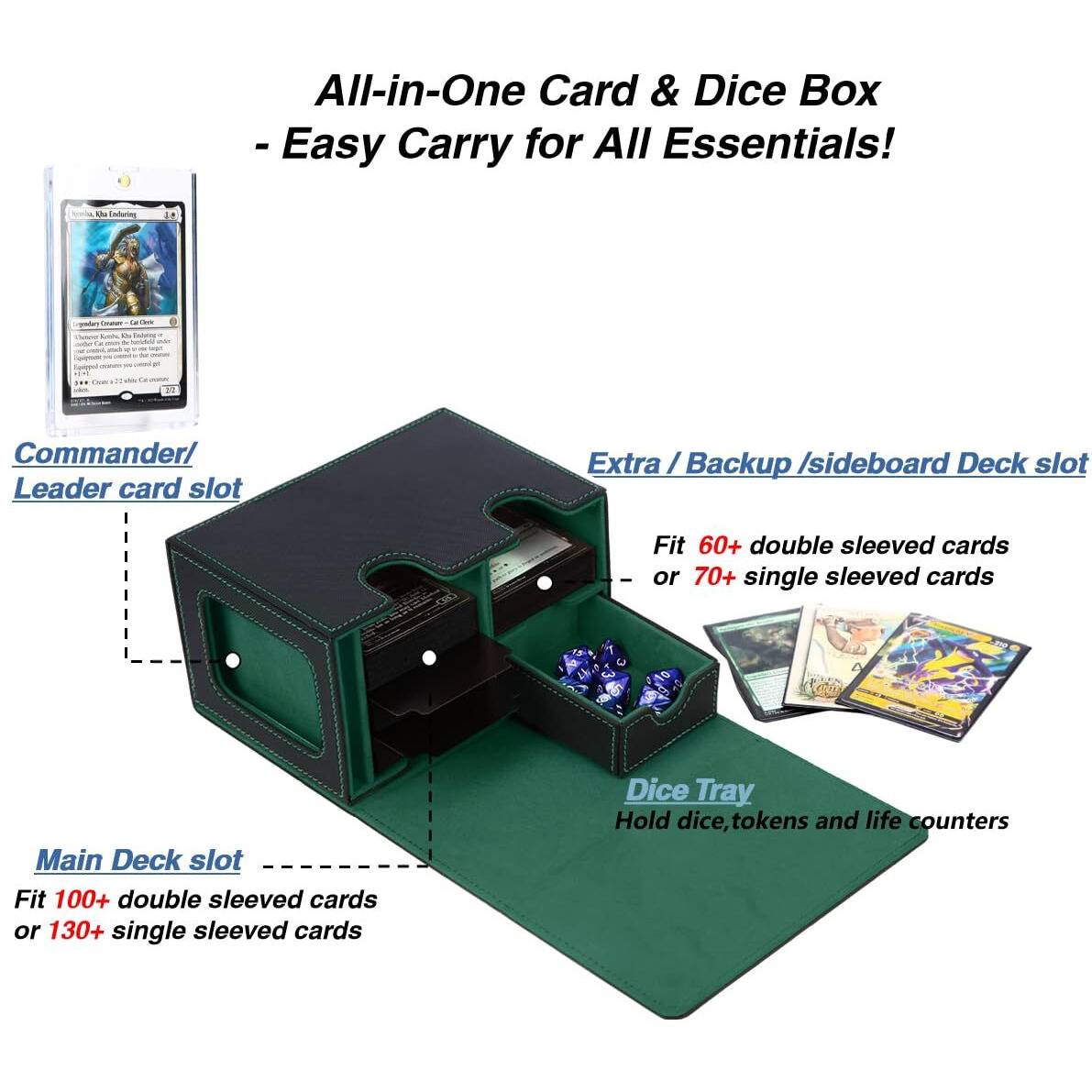 Venssu Mtg Deck Box For Commander Display With Dice Tray Card Deck Box Fits 160 Double Sleeved /200 Single Sleeved Trading Cards  Deck Box Tcg With 2 Dividers And 1 Magnetic Card Holder (Black&Green)