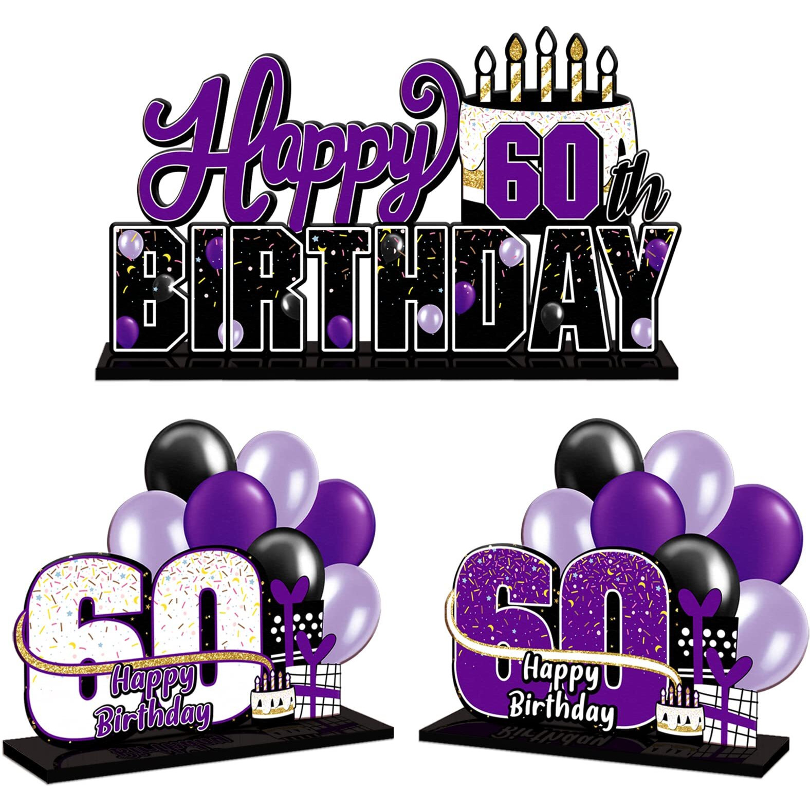 Lingteer Happy 60Th Birthday Purple Acrylic Table Topper Centerpieces Set - Cheers To Sixty Years Old Birthday 60Th Bday Party Gift Decorations.