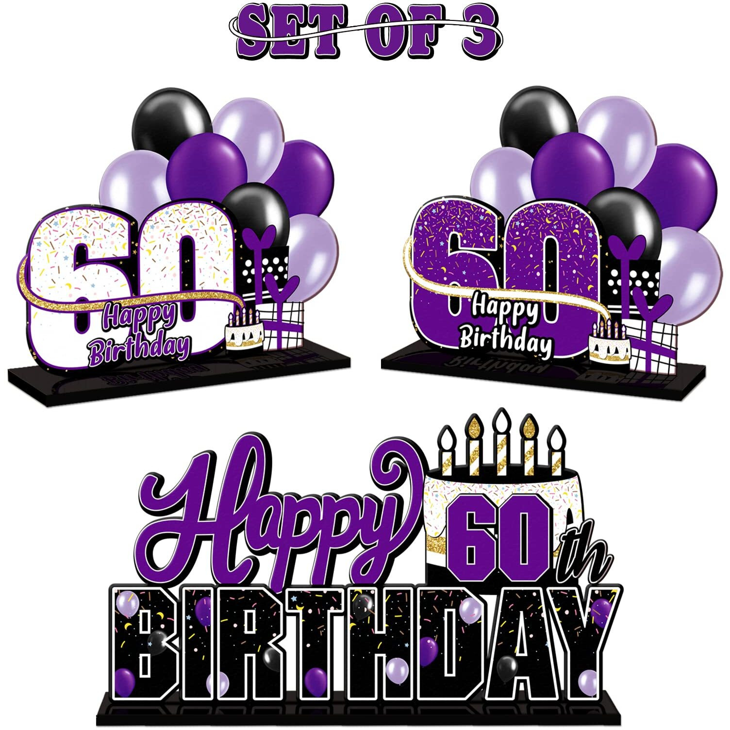 Lingteer Happy 60Th Birthday Purple Acrylic Table Topper Centerpieces Set - Cheers To Sixty Years Old Birthday 60Th Bday Party Gift Decorations.