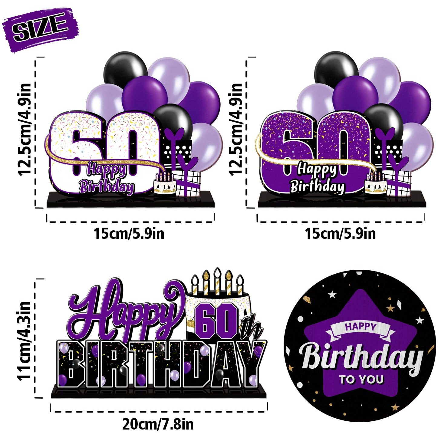 Lingteer Happy 60Th Birthday Purple Acrylic Table Topper Centerpieces Set - Cheers To Sixty Years Old Birthday 60Th Bday Party Gift Decorations.