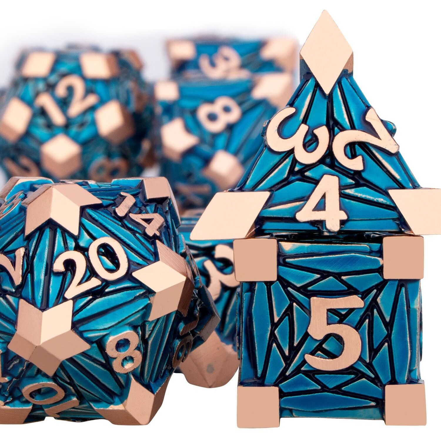 Orifantou Metal Dnd Dice Set Dungeons And Dragons Dice With Box  Copper Blue Debris D&D Dice Rpg D And D Dice Role Playing Game Polyhedral Dice Set D20 D12 D10 D8 D6 D4