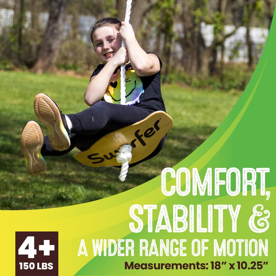 Swurfer Swift - Maple Wood Disc Swing For Kids Ages 4 And Up  Holds Up To 150 Pounds - Includes 18"" Curved Seat Swing With Heavy Duty Braided Rope  Brown