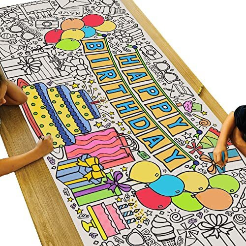 Tiny Expressions Giant Coloring Poster For Kids Birthday - Rolled  Not Folded - 30"" X 72"" Coloring Table Cloth For Kids Activity | Happy Birthday Coloring Banner Large