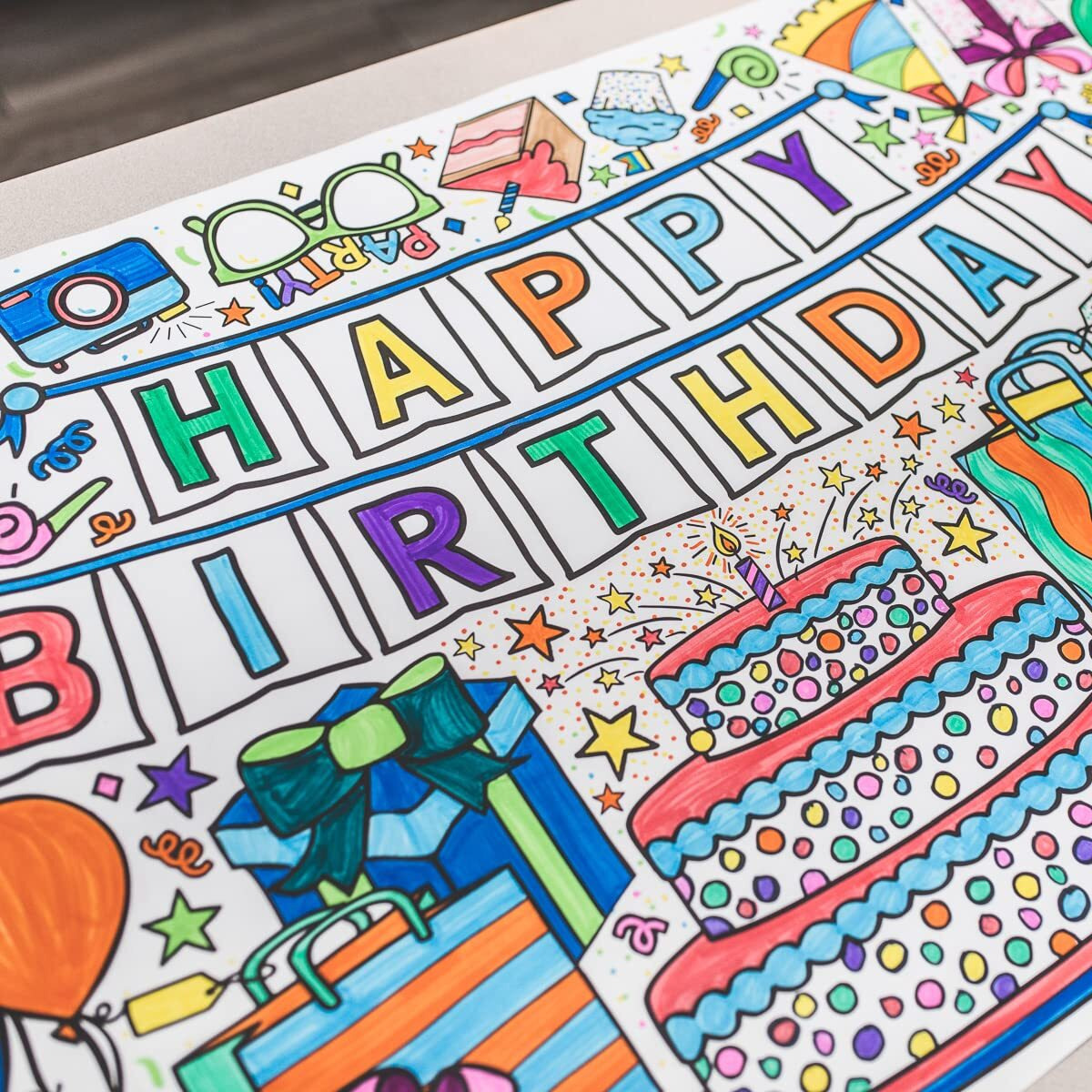 Tiny Expressions Giant Coloring Poster For Kids Birthday - Rolled  Not Folded - 30"" X 72"" Coloring Table Cloth For Kids Activity | Happy Birthday Coloring Banner Large