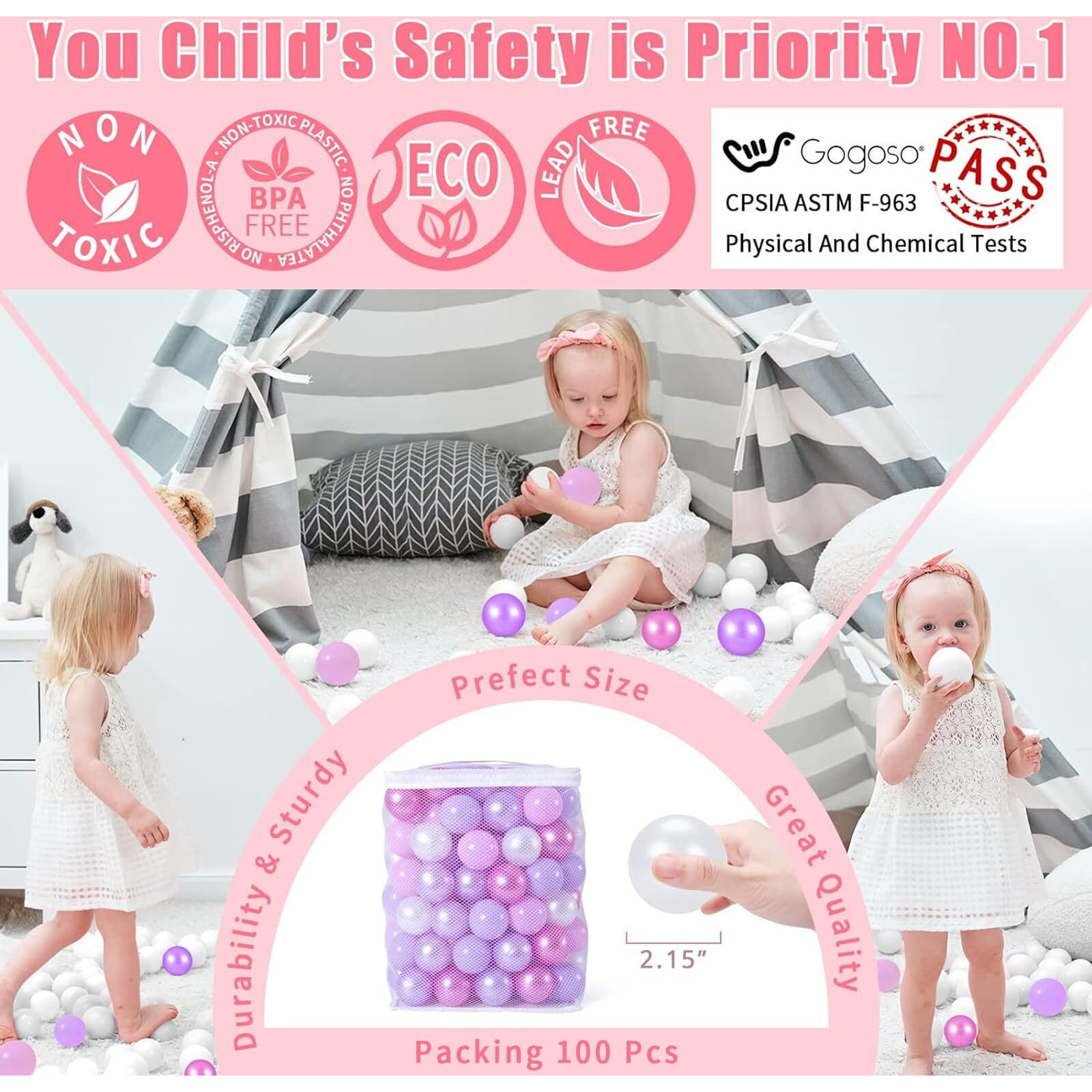 Gogoso Pit Balls Purple Balls - Play Balls Phthalate Free Bpa Free Non-Toxic For Baby Boys Room & Birthday Party Decoration 100Pcs  5Colors For Mermaid Party