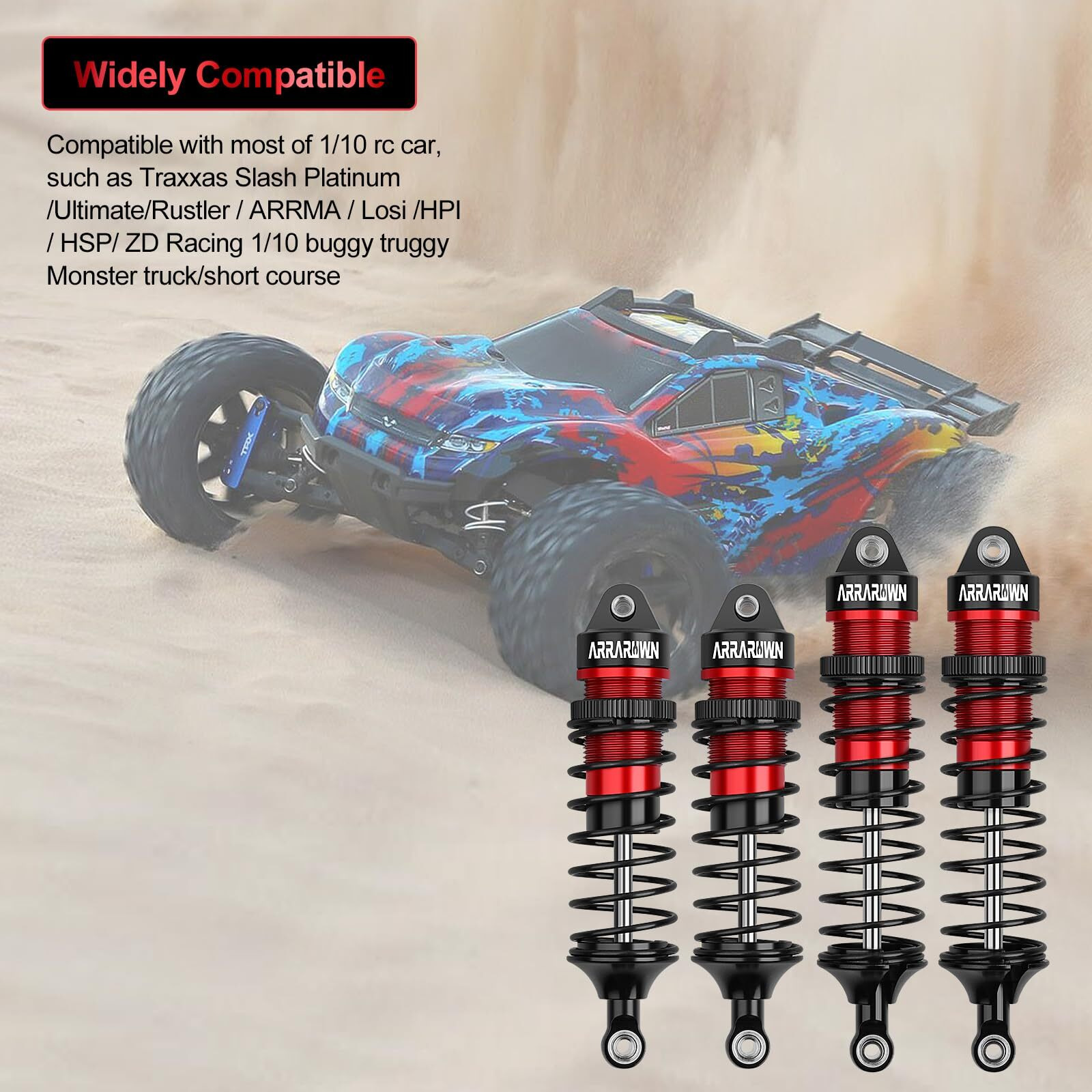 4Pcs 1/10 Rc Car Shocks Front & Rear Shock Absorber Damper Assembled Set Compatible With 110 Scale Traxxas Slash/Rustler/Stampede/Hoss Vxl 4X4 2Wd Replacement Parts5862 (Black Red)