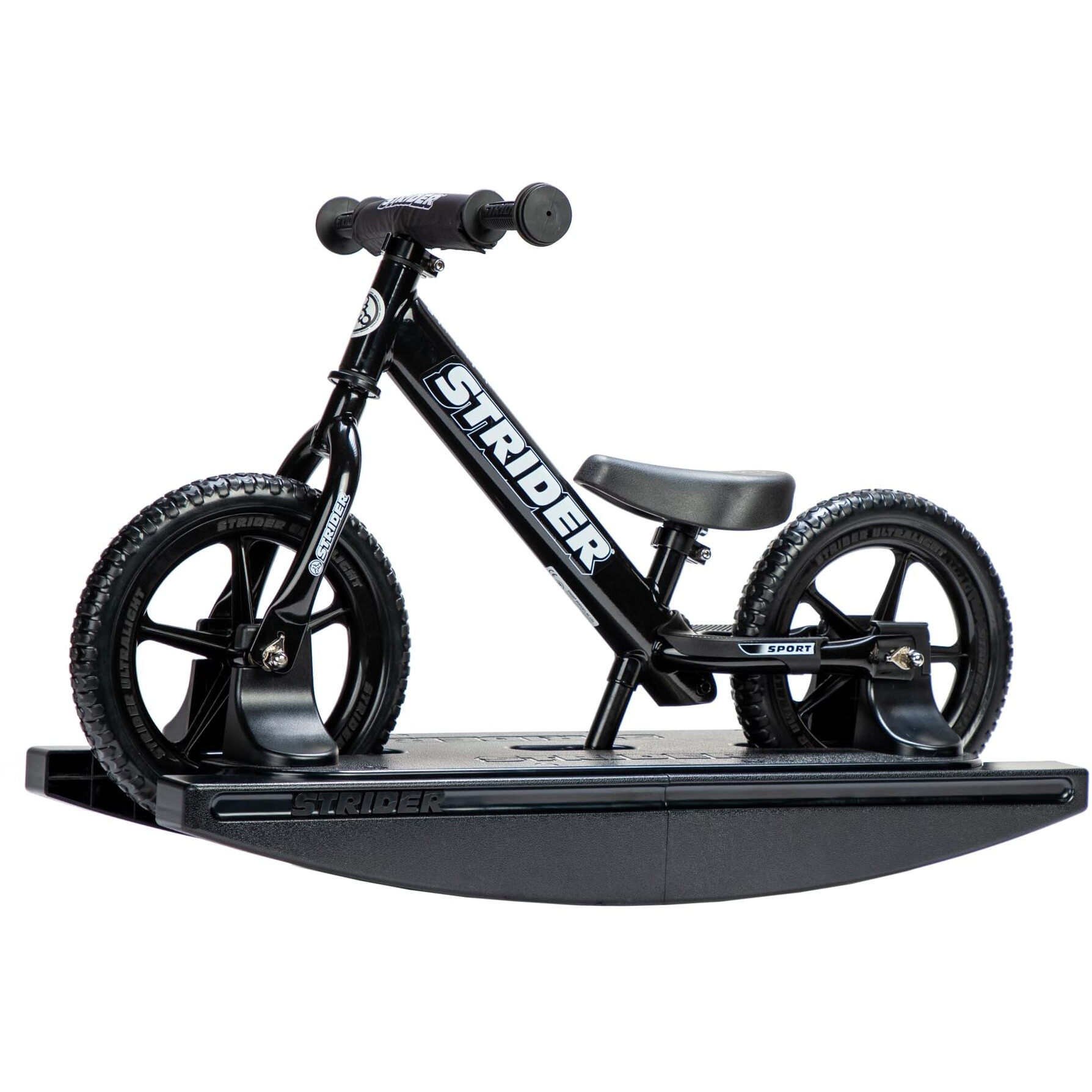 Strider 12  Sport Bike (Black) + Rocking Base - Helps Teach Baby How To Ride A Balance Bicycle - For Kids 0 To 4 Years - Easy Assembly & Adjustments