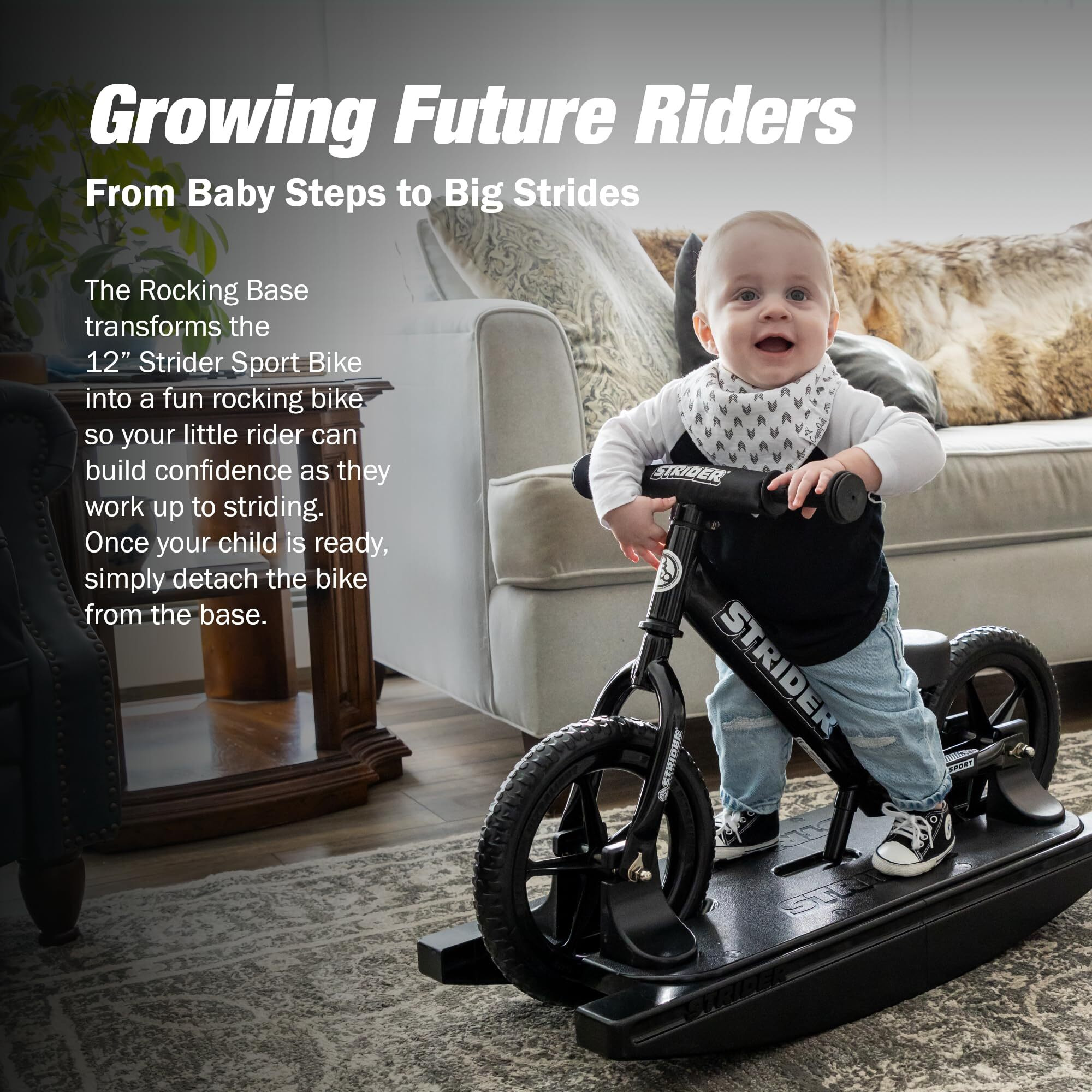 Strider 12  Sport Bike (Black) + Rocking Base - Helps Teach Baby How To Ride A Balance Bicycle - For Kids 0 To 4 Years - Easy Assembly & Adjustments